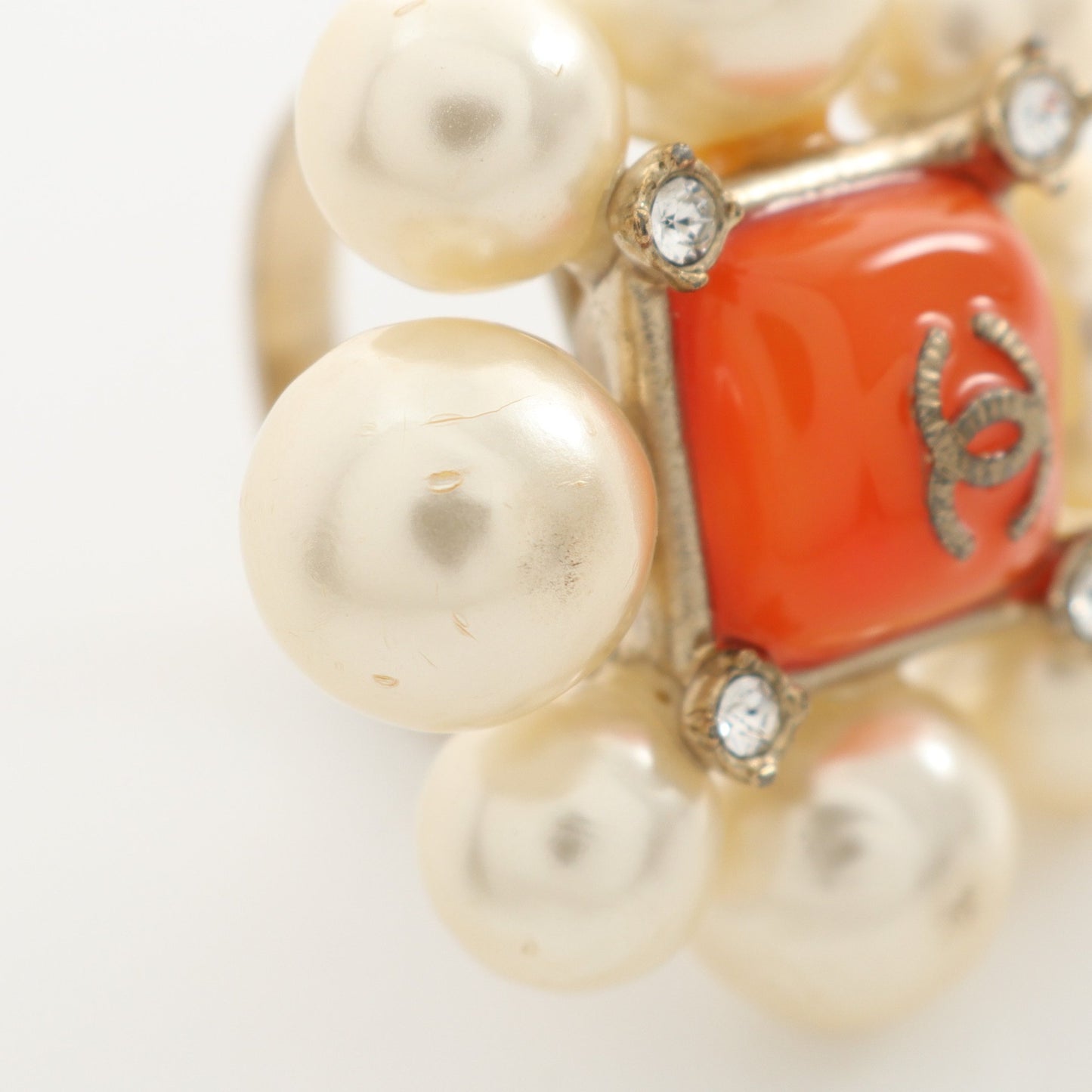 ココマーク リング 指輪 GP フェイクパール ラインストーン ゴールド オフホワイト オレンジ A14K シャネル アクセサリー CHANEL