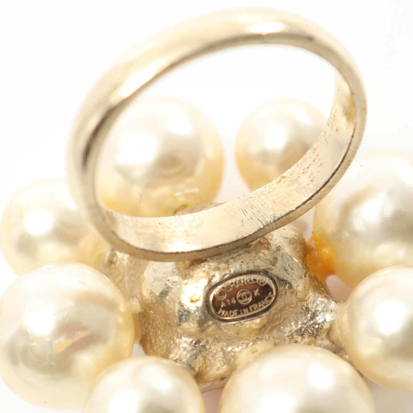 ココマーク リング 指輪 GP フェイクパール ラインストーン ゴールド オフホワイト オレンジ A14K シャネル アクセサリー CHANEL