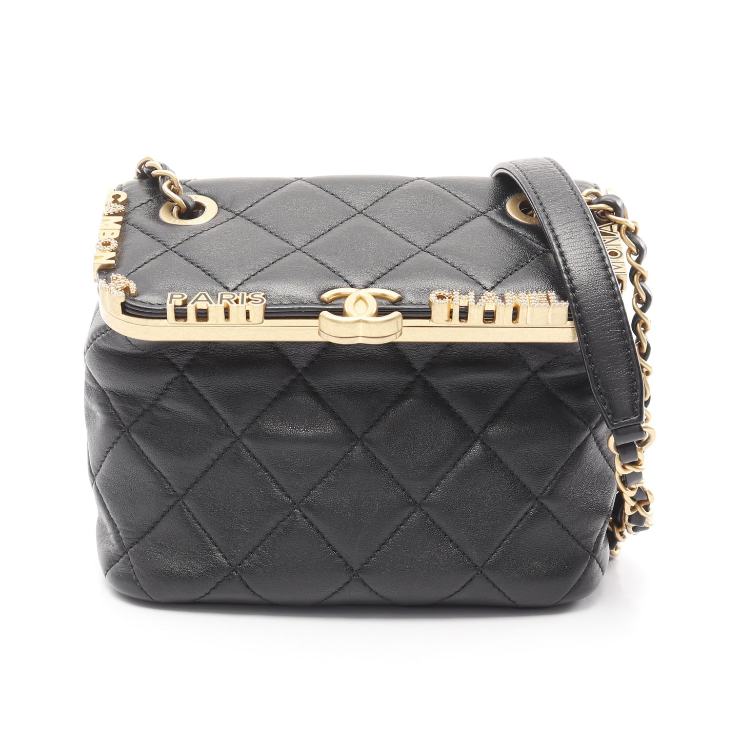 マトラッセ チェーンショルダーバッグ ラインストーン フェイクパール ラムスキン ブラック ゴールド金具 シャネル バッグ CHANEL