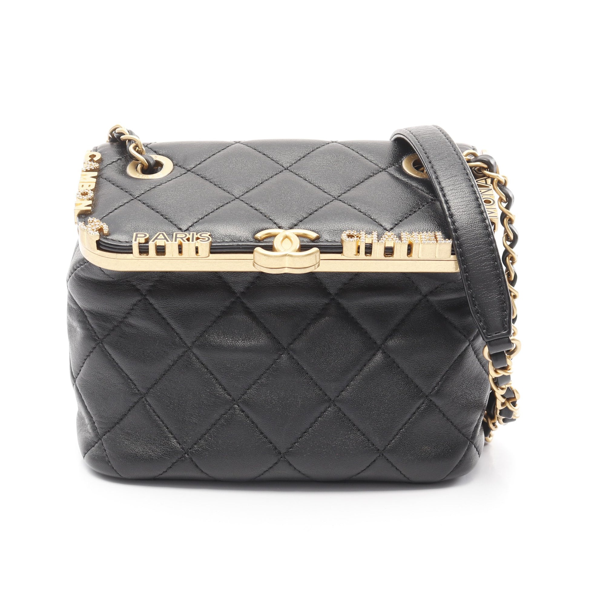 マトラッセ チェーンショルダーバッグ ラインストーン フェイクパール ラムスキン ブラック ゴールド金具 シャネル バッグ CHANEL