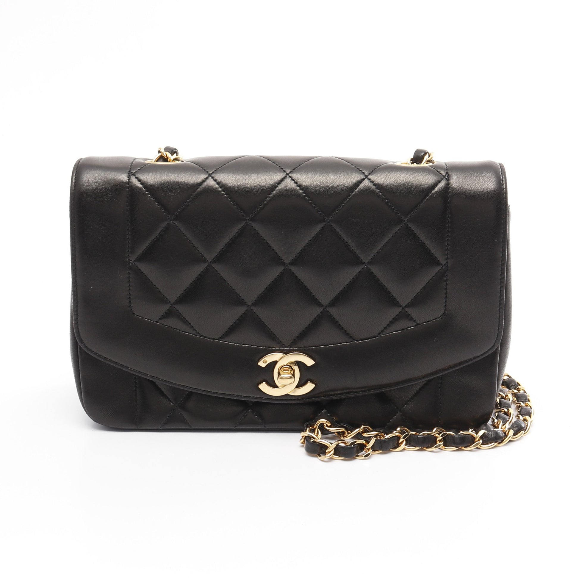 マトラッセ ダイアナフラップ チェーンショルダーバッグ ラムスキン ブラック ゴールド金具 シャネル バッグ CHANEL