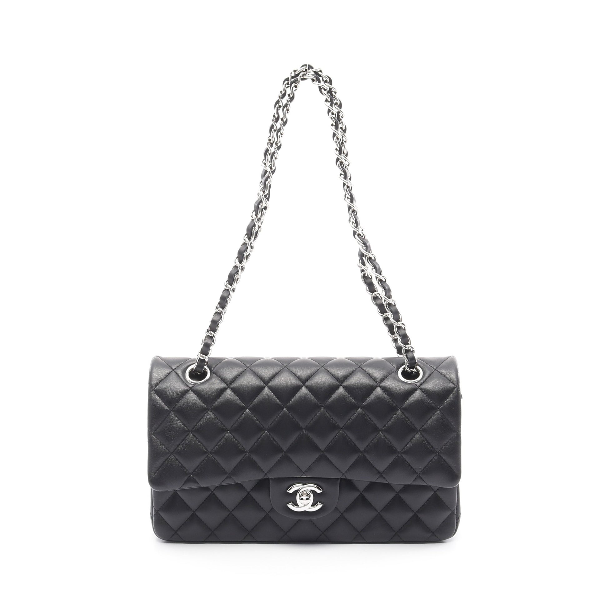 マトラッセ Wフラップ Wチェーンショルダーバッグ ラムスキン ブラック シルバー金具 シャネル バッグ CHANEL