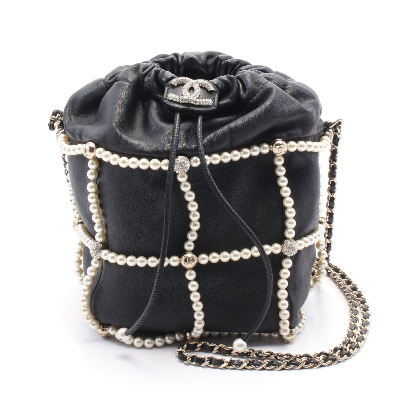 ココマーク 巾着 チェーンショルダーバッグ ラムスキン ブラック ゴールド金具 フェイクパール シャネル バッグ CHANEL