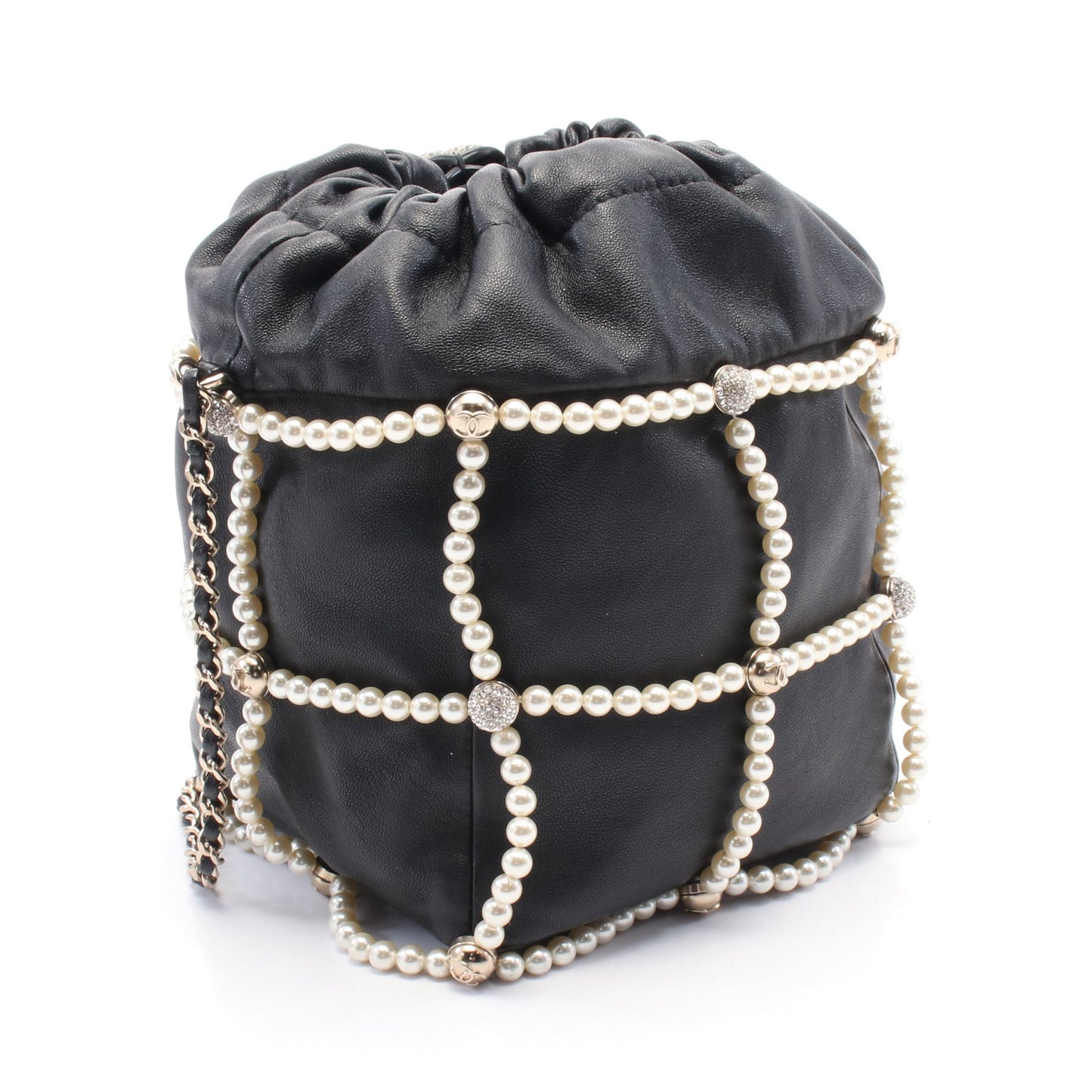 ココマーク 巾着 チェーンショルダーバッグ ラムスキン ブラック ゴールド金具 フェイクパール シャネル バッグ CHANEL
