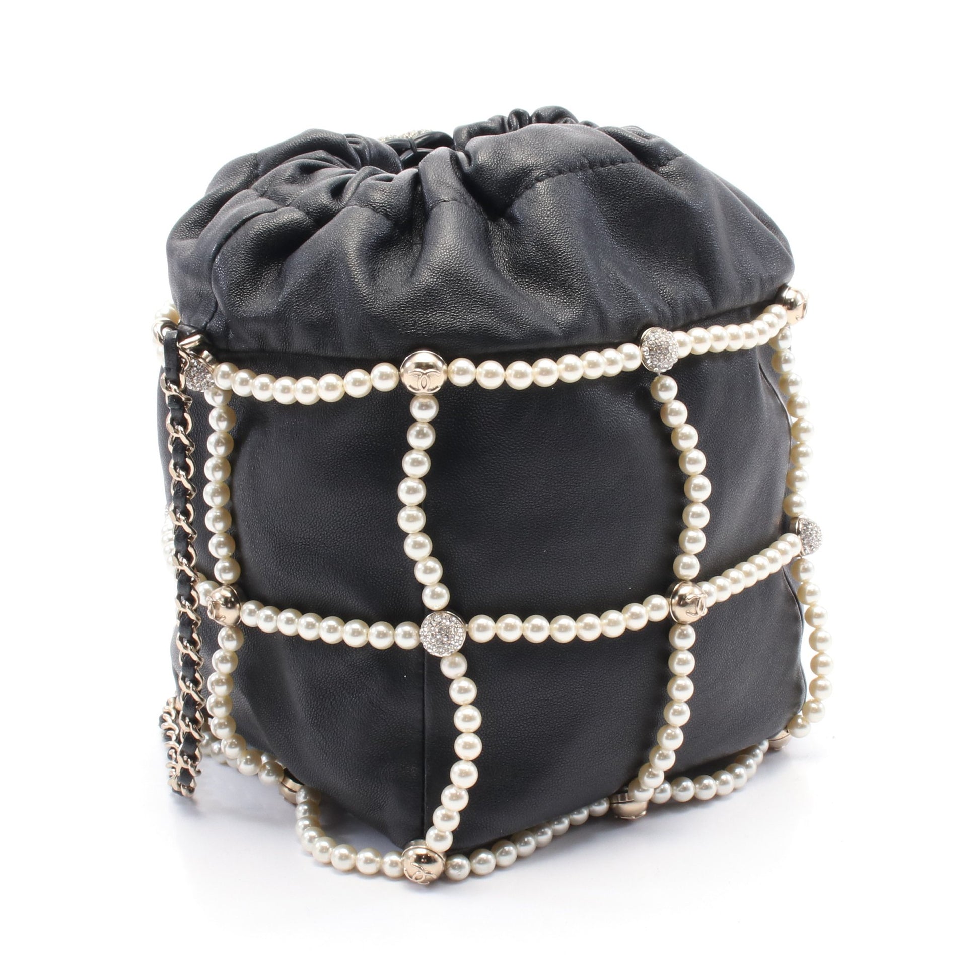 ココマーク 巾着 チェーンショルダーバッグ ラムスキン ブラック ゴールド金具 フェイクパール シャネル バッグ CHANEL