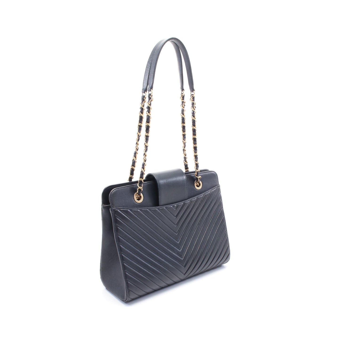 シェブロン Vステッチ チェーンショルダーバッグ レザー ネイビー ゴールド金具 シャネル バッグ CHANEL