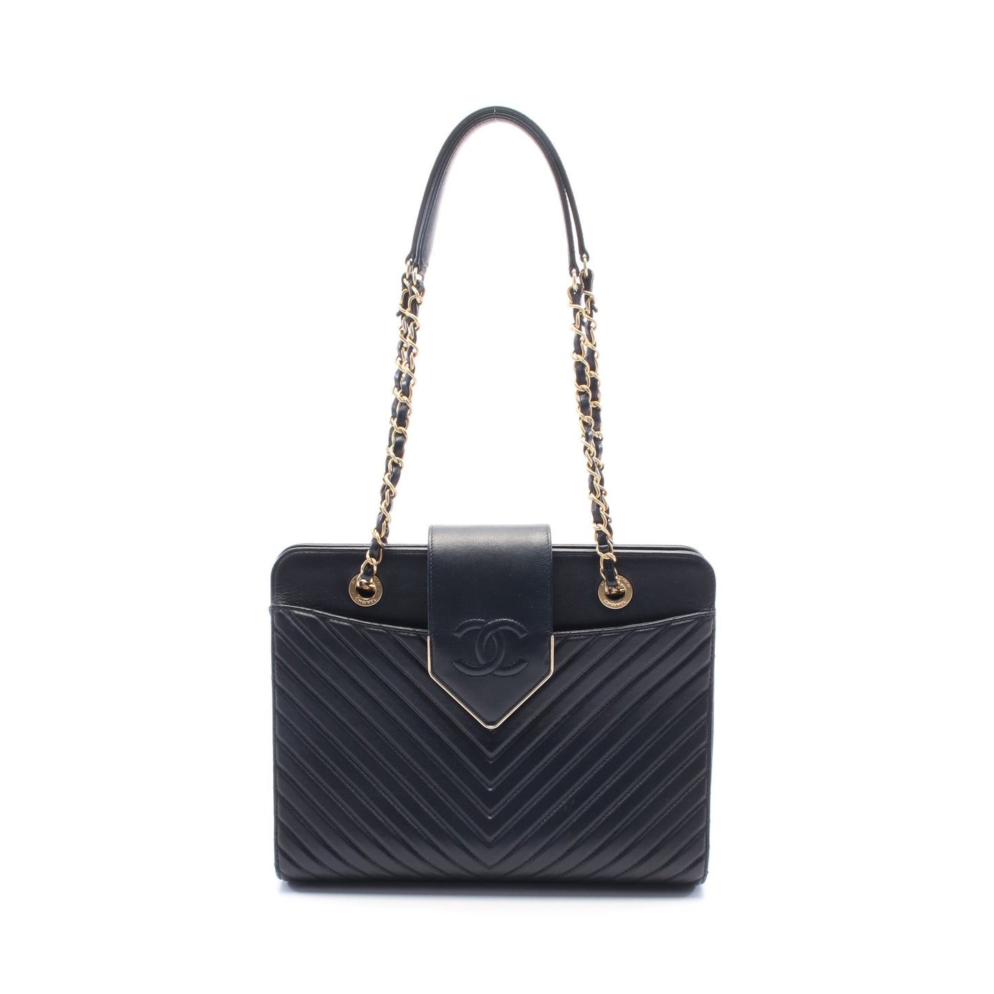 シェブロン Vステッチ チェーンショルダーバッグ レザー ネイビー ゴールド金具 シャネル バッグ CHANEL