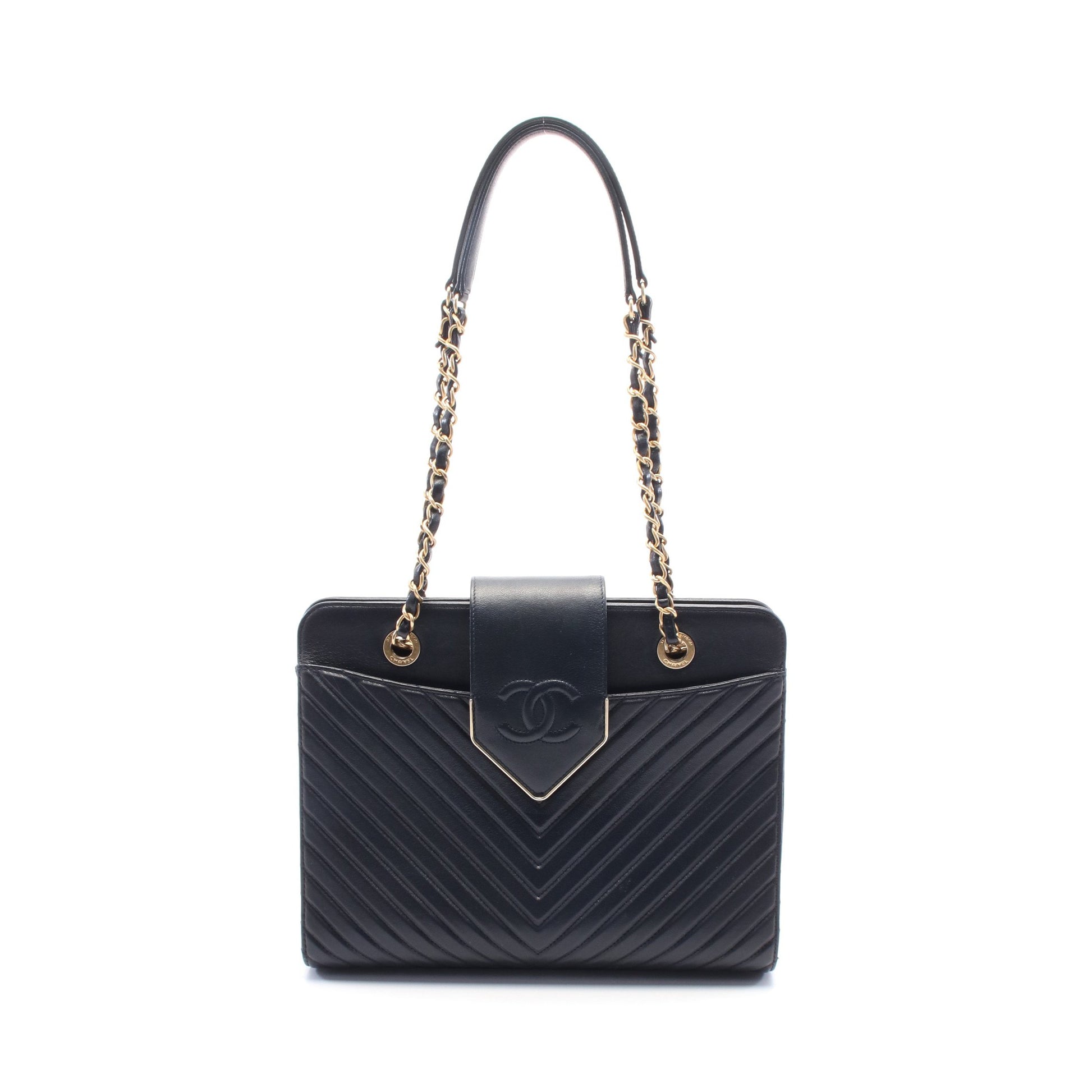 シェブロン Vステッチ チェーンショルダーバッグ レザー ネイビー ゴールド金具 シャネル バッグ CHANEL