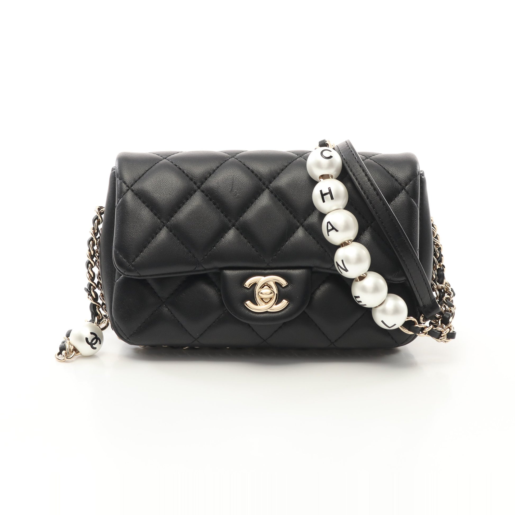 マトラッセ スモールフラップ パール チェーンショルダーバッグ ラムスキン ブラック ゴールド金具 シャネル バッグ CHANEL