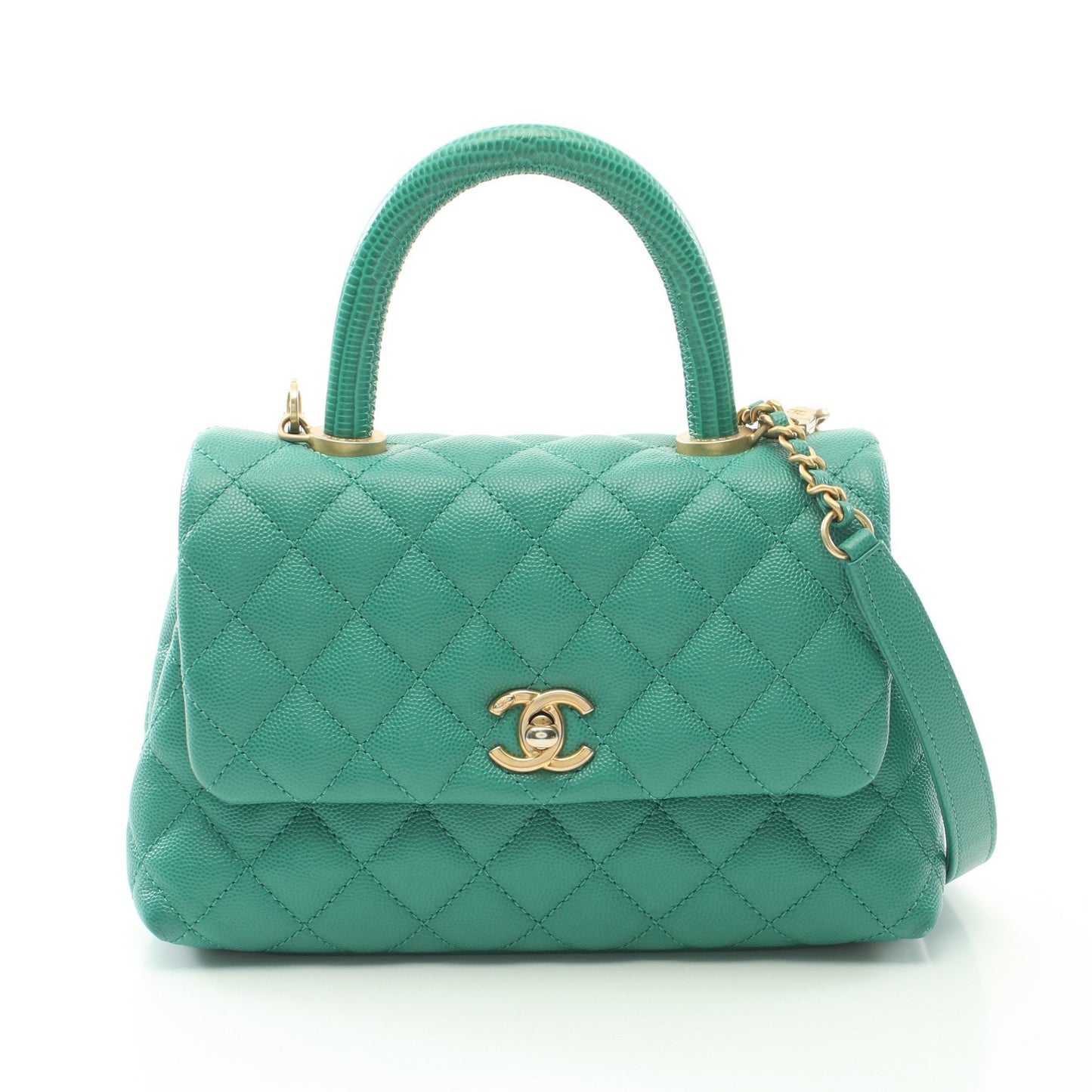 ココハンドル フラップ マトラッセ ハンドバッグ キャビアスキン リザード グリーン ゴールド金具 2WAY シャネル バッグ CHANEL