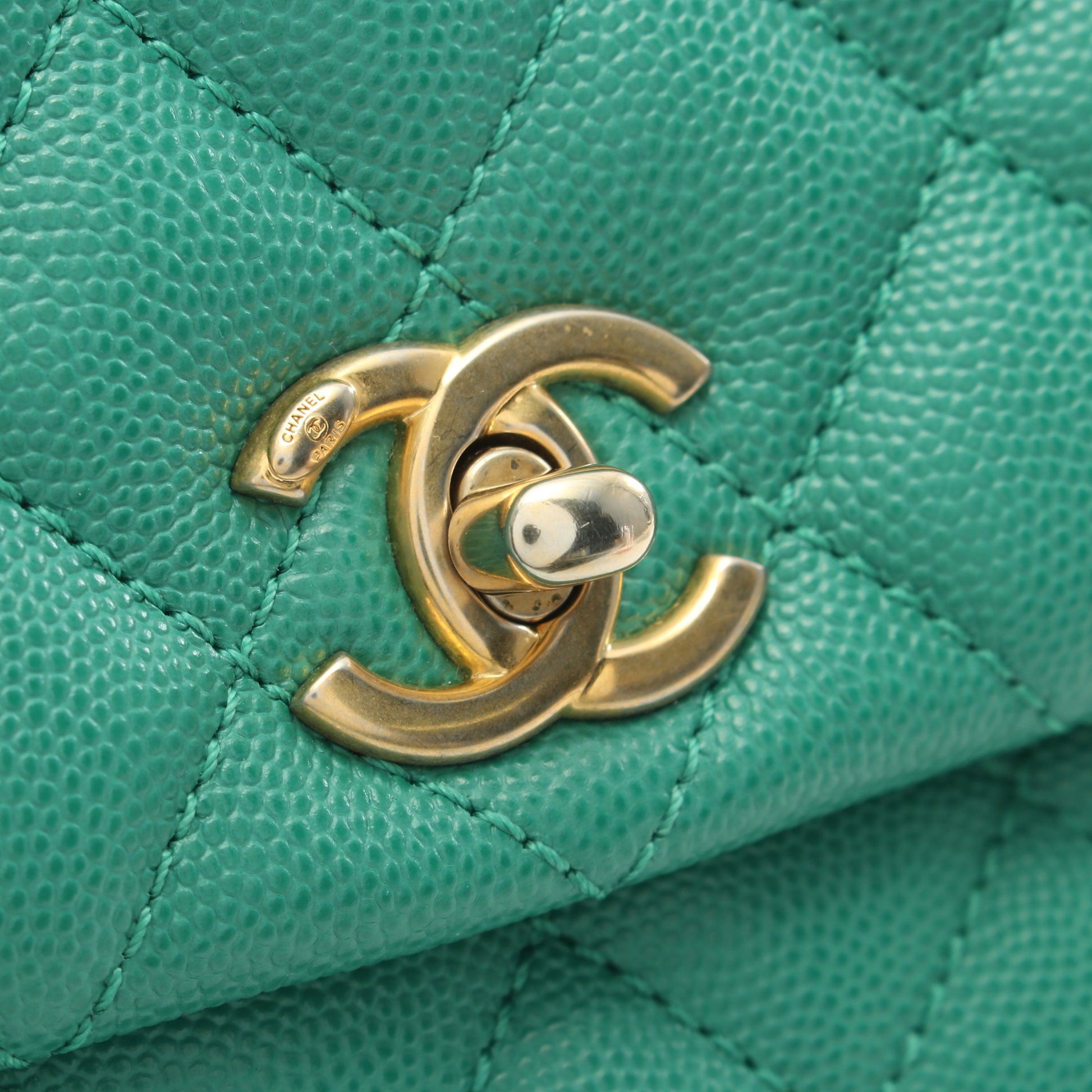 ココハンドル フラップ マトラッセ ハンドバッグ キャビアスキン リザード グリーン ゴールド金具 2WAY シャネル バッグ CHANEL