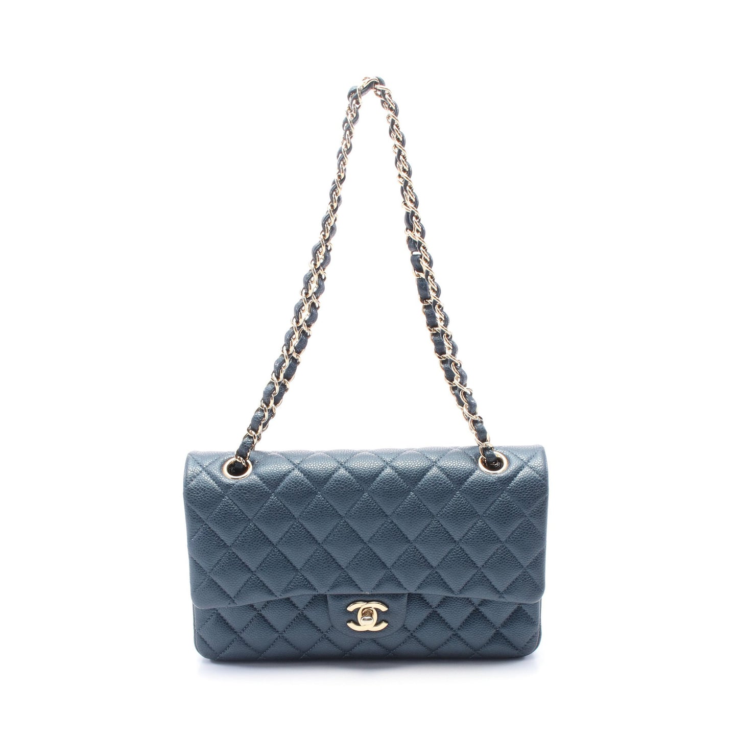 マトラッセ Wフラップ Wチェーンショルダーバッグ キャビアスキン ダークブルー ゴールド金具 シャネル バッグ CHANEL