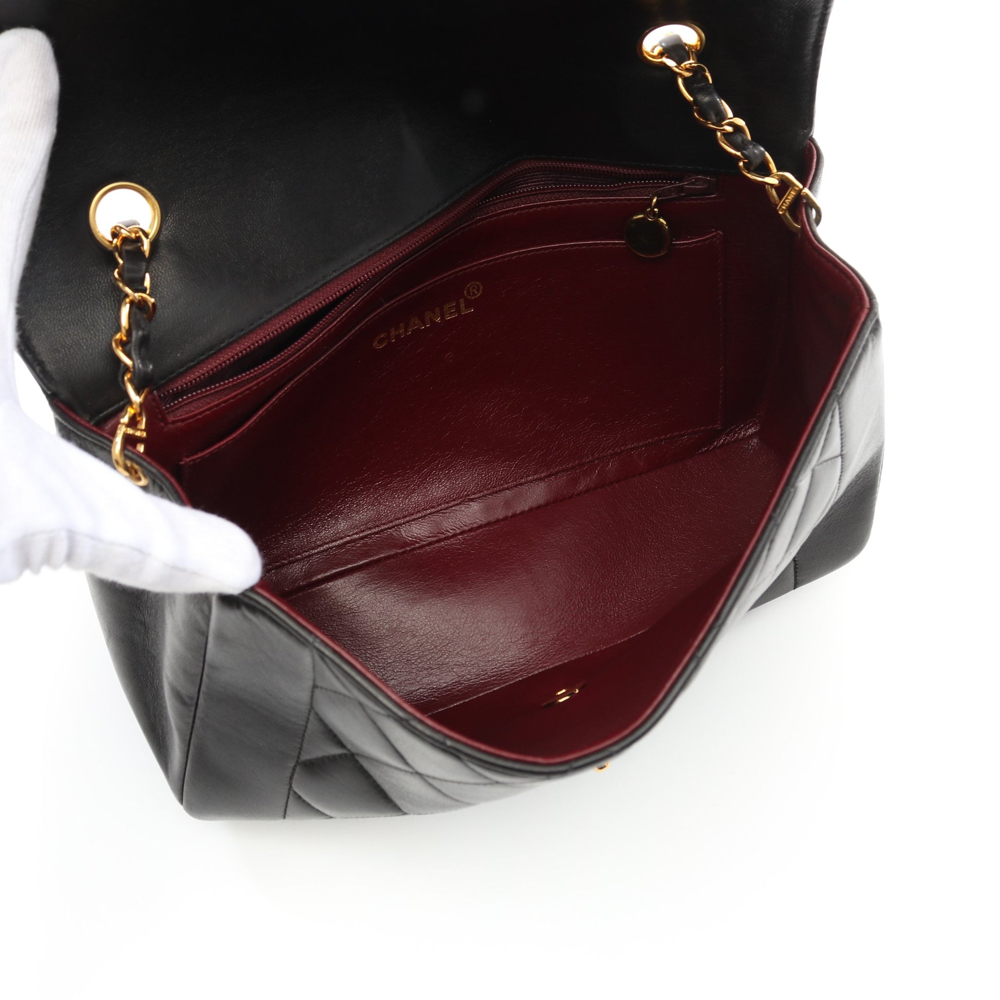 マトラッセ ダイアナフラップ チェーンショルダーバッグ ラムスキン ブラック ゴールド金具 ヴィンテージ シャネル バッグ CHANEL