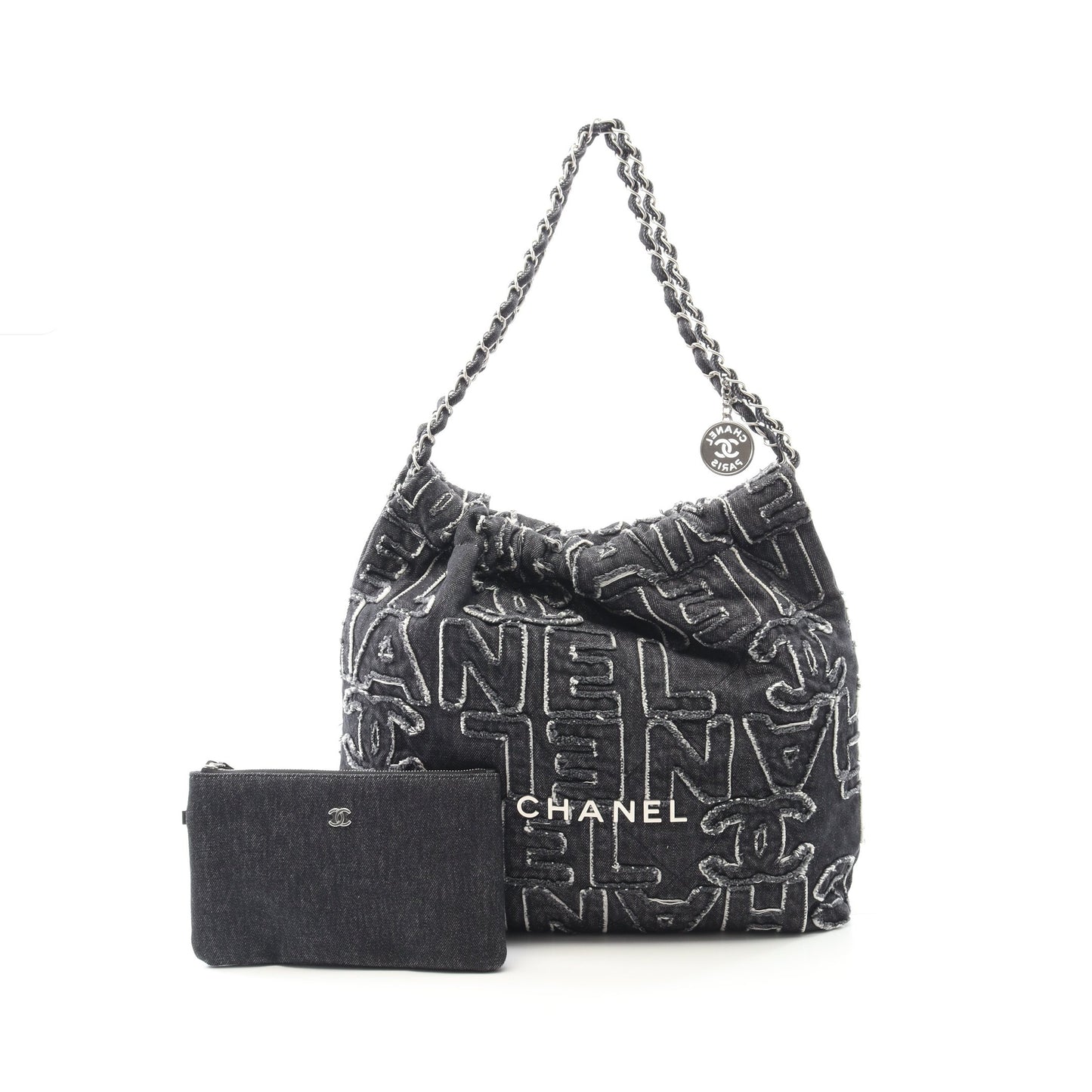 シャネル22 チェーンショルダーバッグ チェーントートバッグ デニム ブラック シルバー金具 シャネル バッグ CHANEL