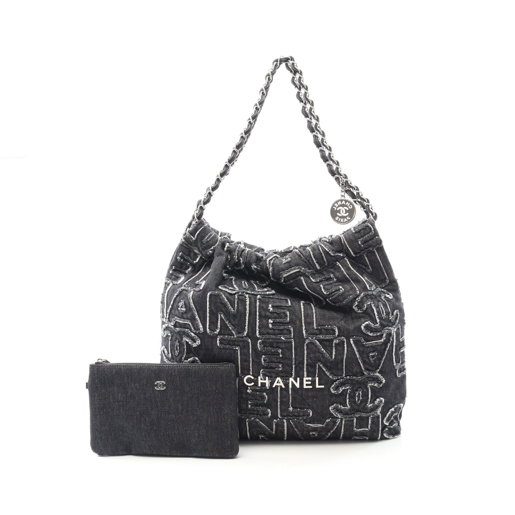 シャネル22 チェーンショルダーバッグ チェーントートバッグ デニム ブラック シルバー金具 シャネル バッグ CHANEL