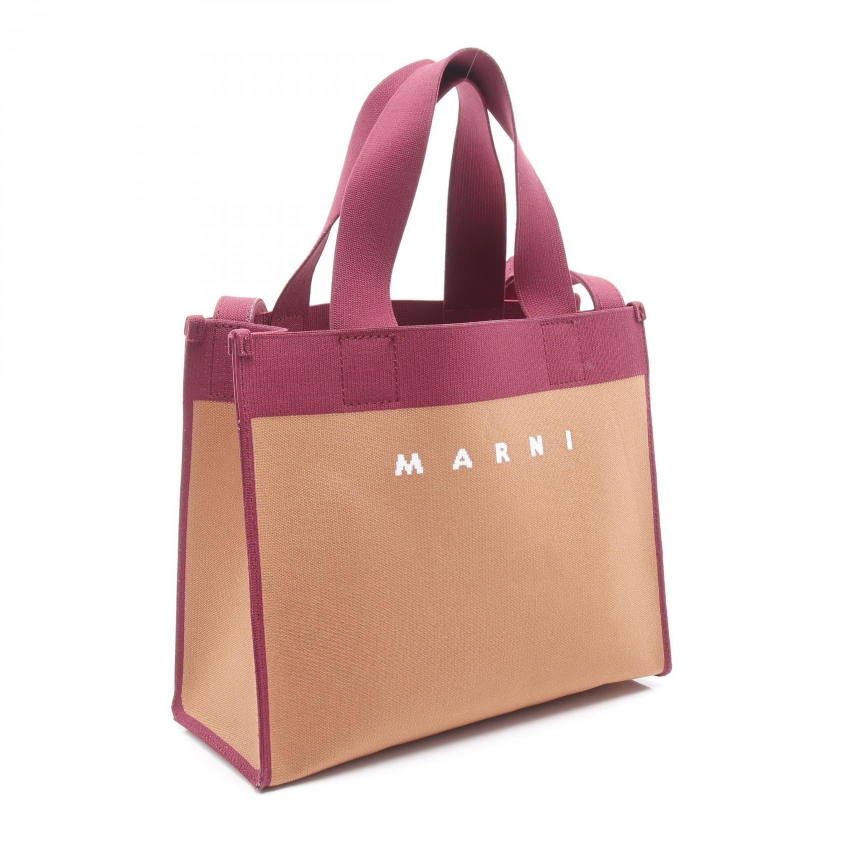 MARNI ショッピングバッグ チューリップ柄 カーキ×ボルドー ジャカード スモール ショッピングバッグ ハンドバッグ トートバッグ