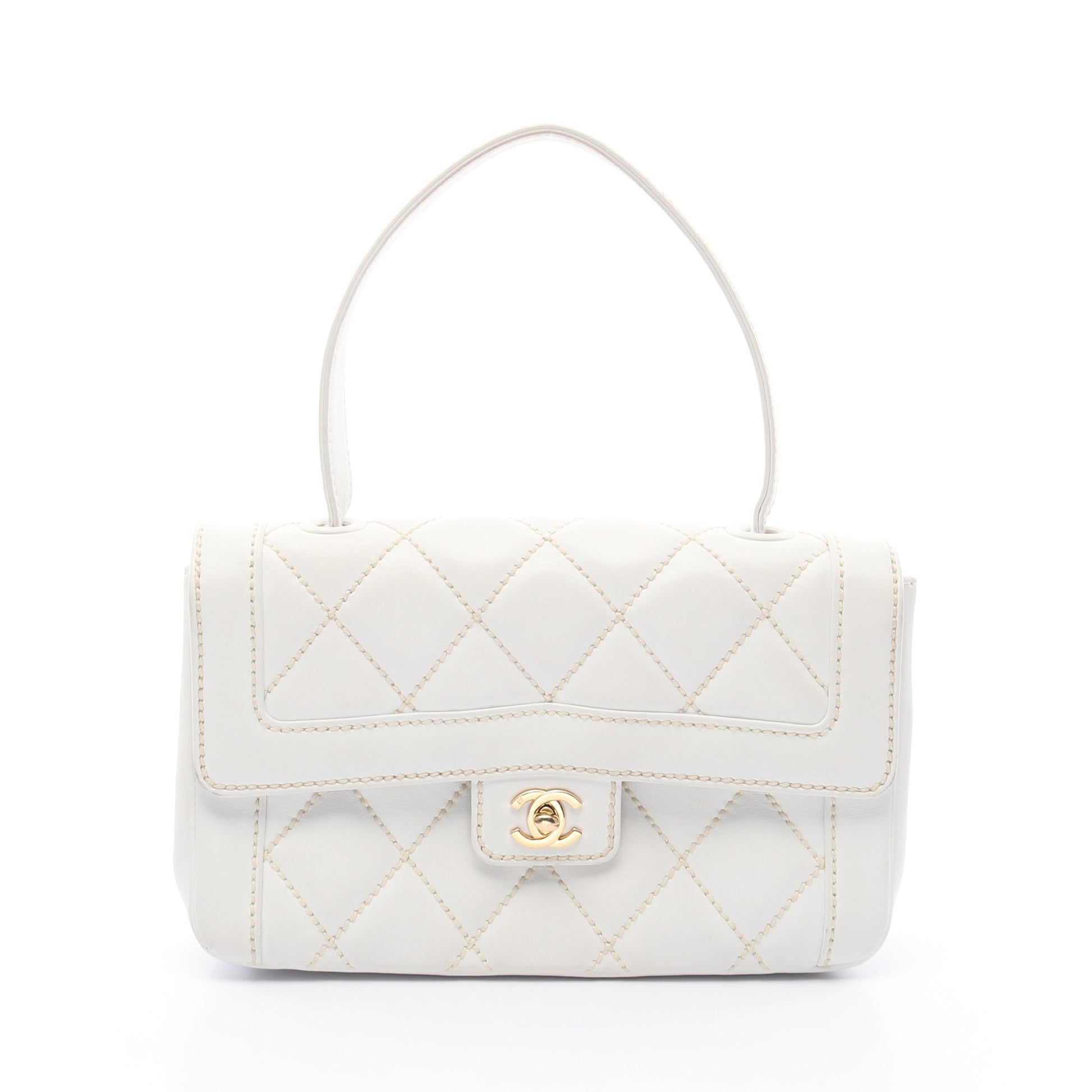 ワイルドステッチ トップハンドル ハンドバッグ レザー ホワイト ゴールド金具 シャネル バッグ CHANEL