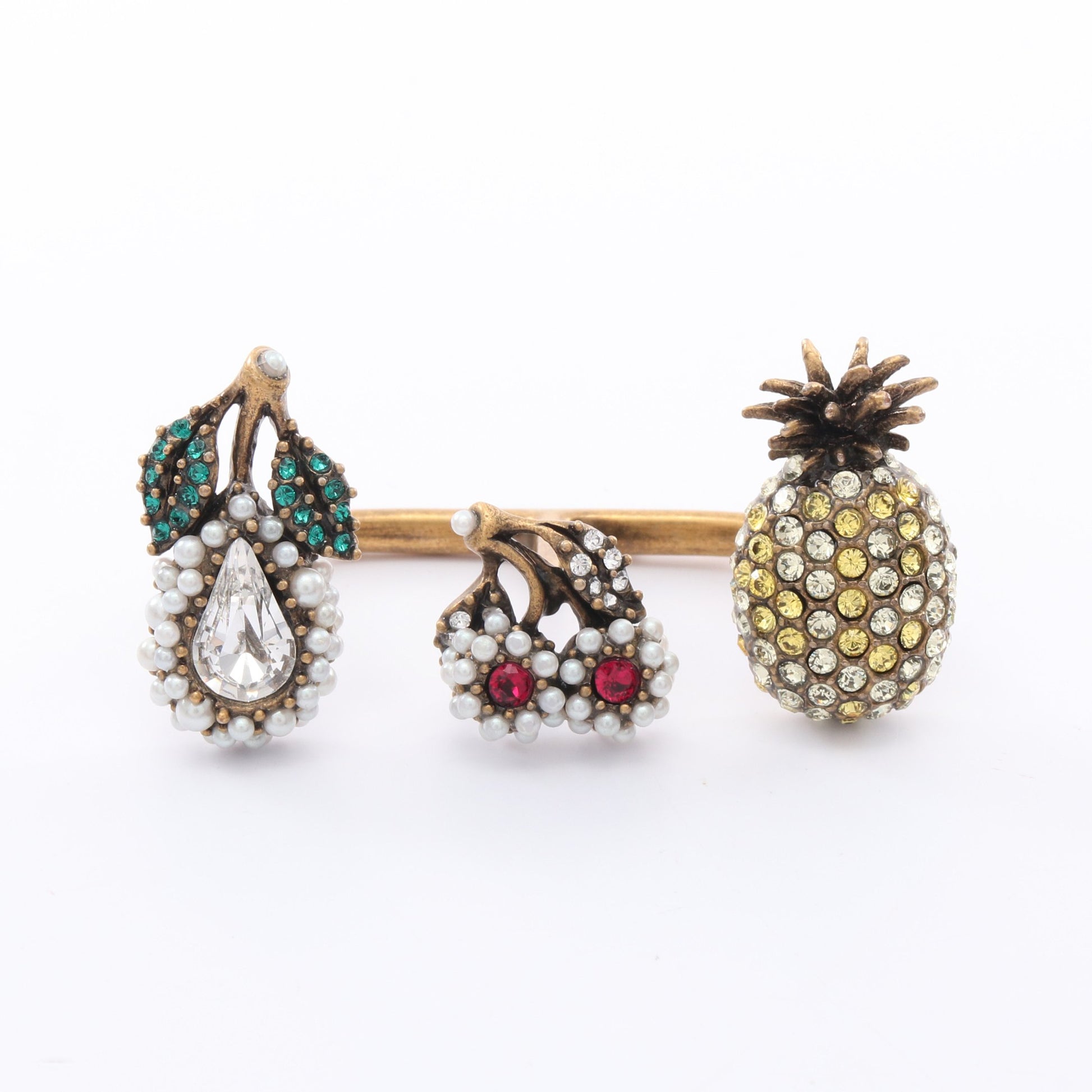 ダブルフィンガー リング 指輪 フルーツ GP フェイクパール ラインストーン ゴールド マルチカラー グッチ アクセサリー GUCCI