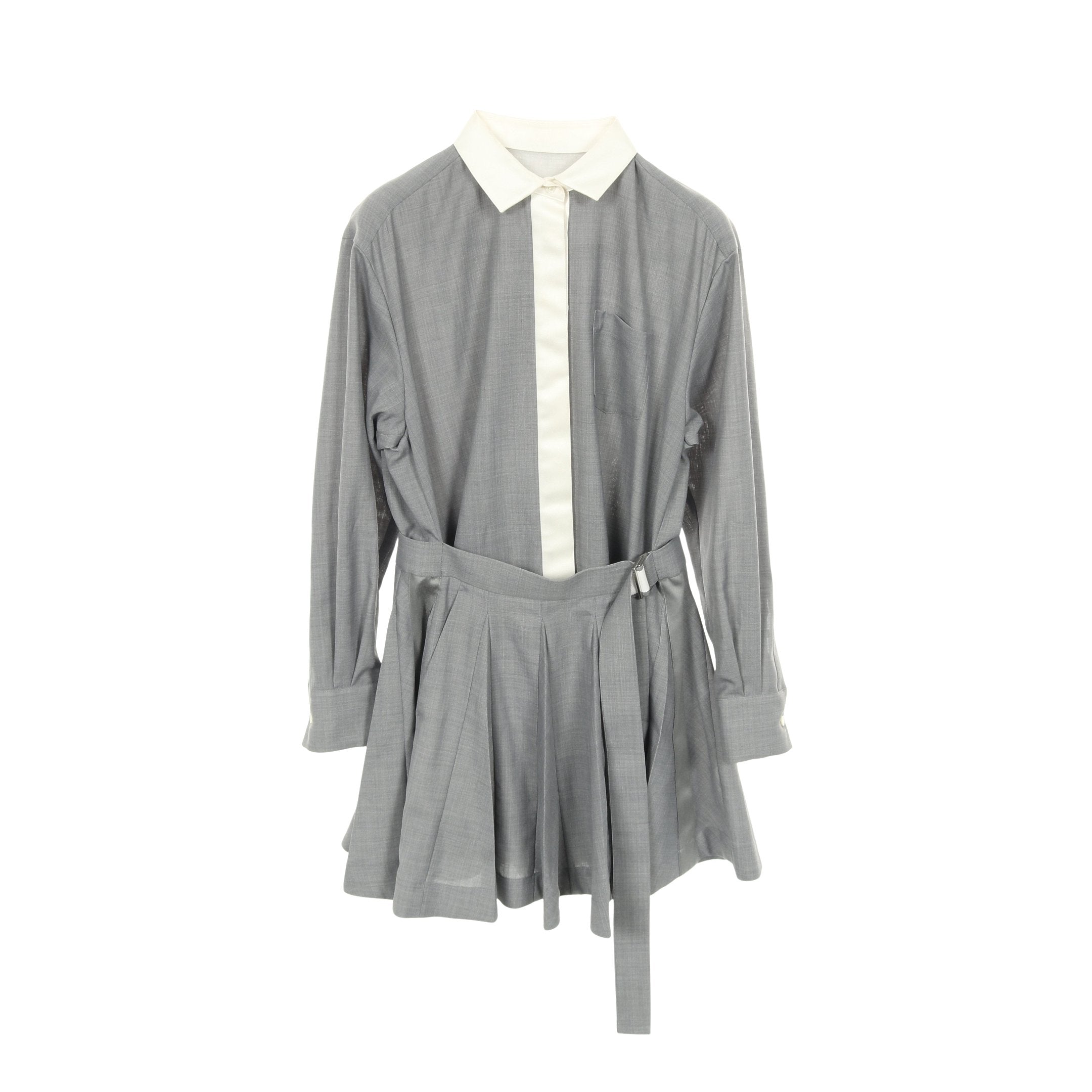 sacai グレー×ホワイト プリーツワンピース シャツワンピース 長袖 ウール グレー ホワイト プリーツ サカイ – RECLO