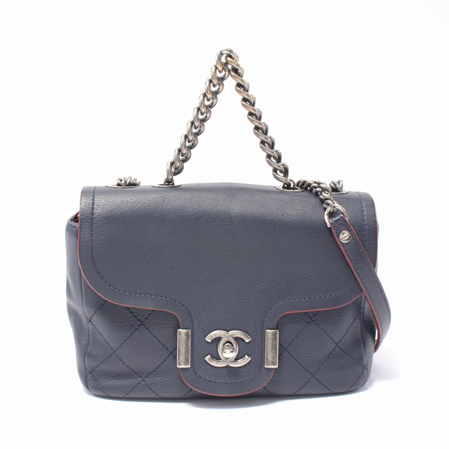 マトラッセ チェーンショルダーバッグ レザー ネイビー アンティークシルバー金具 2WAY シャネル バッグ CHANEL