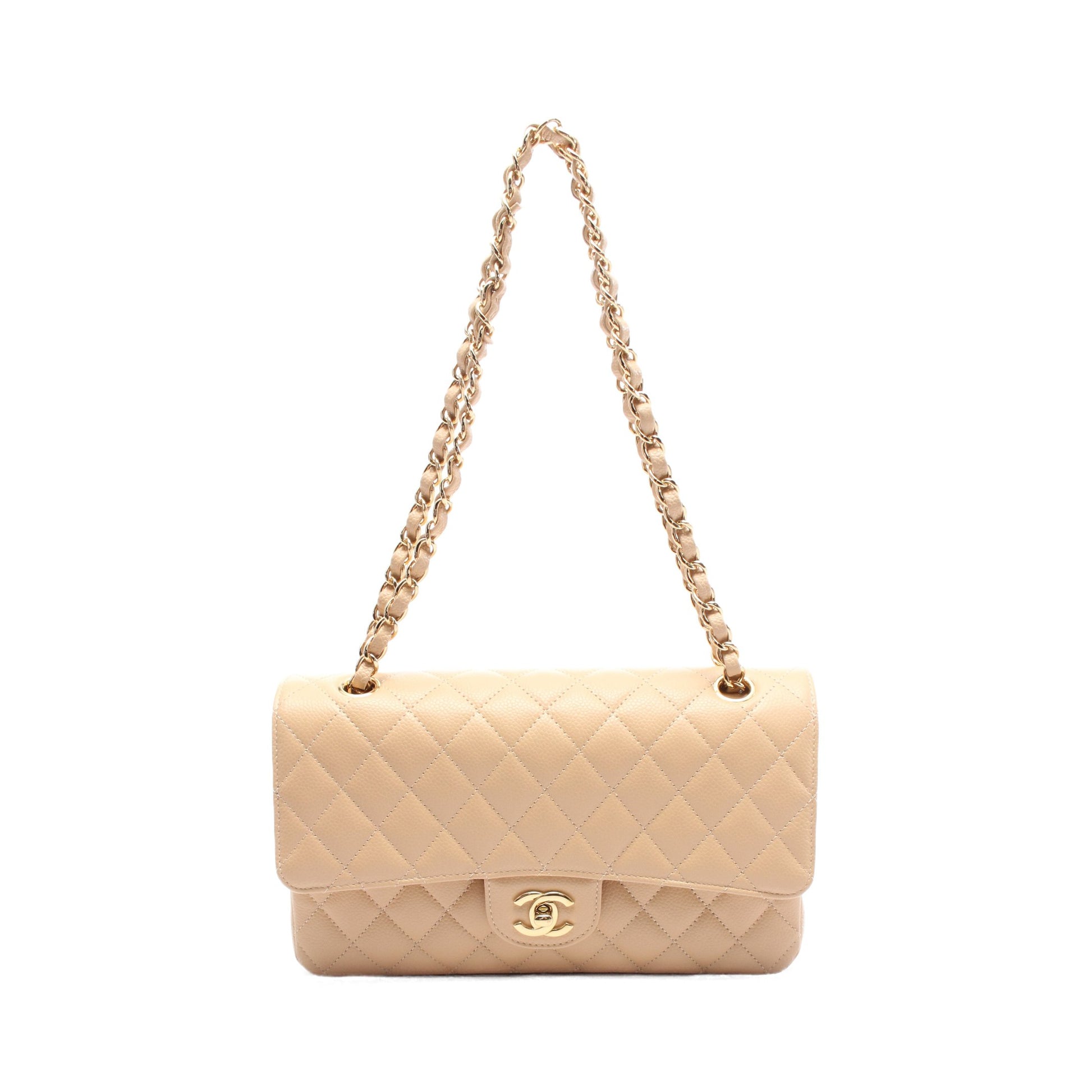 マトラッセ Wフラップ Wチェーンショルダーバッグ キャビアスキン ベージュ ゴールド金具 シャネル バッグ CHANEL