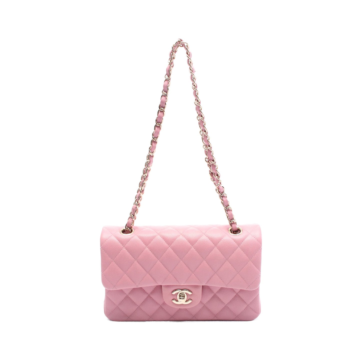 マトラッセ Wフラップ Wチェーンショルダーバッグ キャビアスキン ピンク ゴールド金具 シャネル バッグ CHANEL