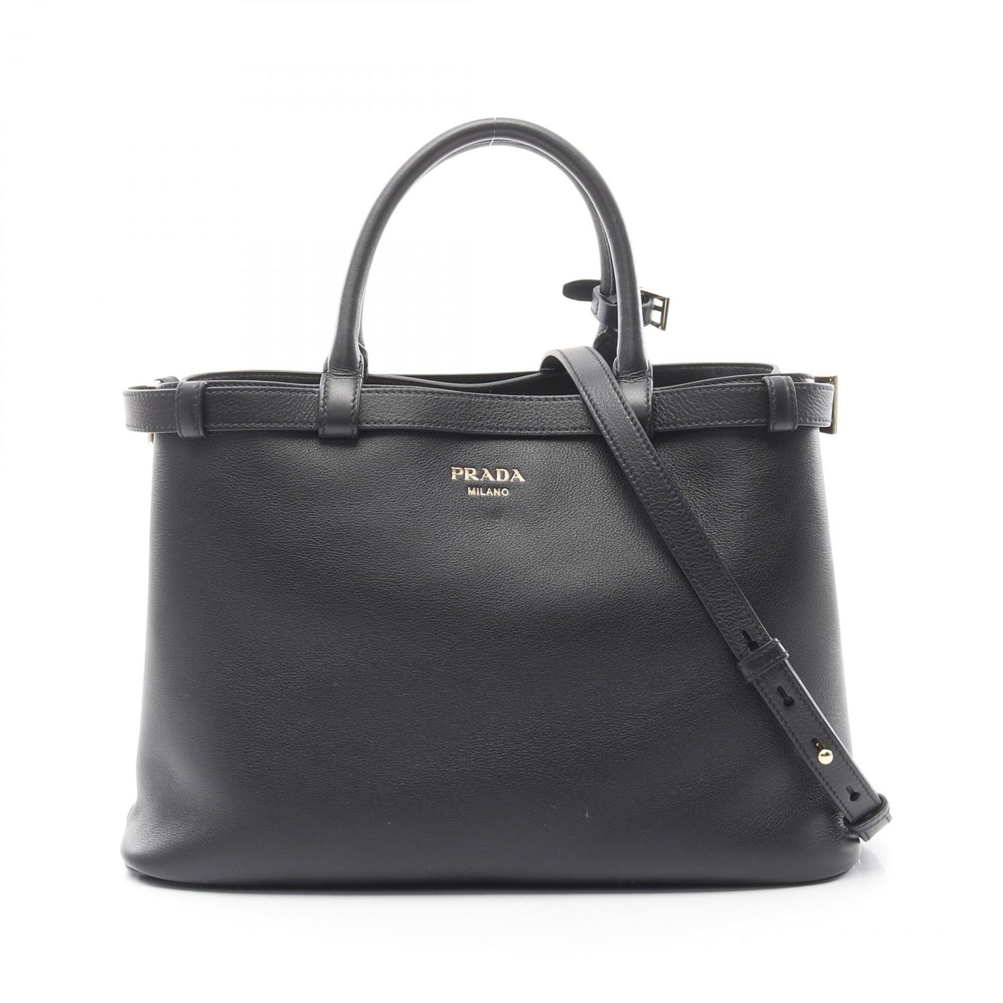 バックルダブルベルト ミディアム ハンドバッグ レザー ブラック プラダ バッグ PRADA