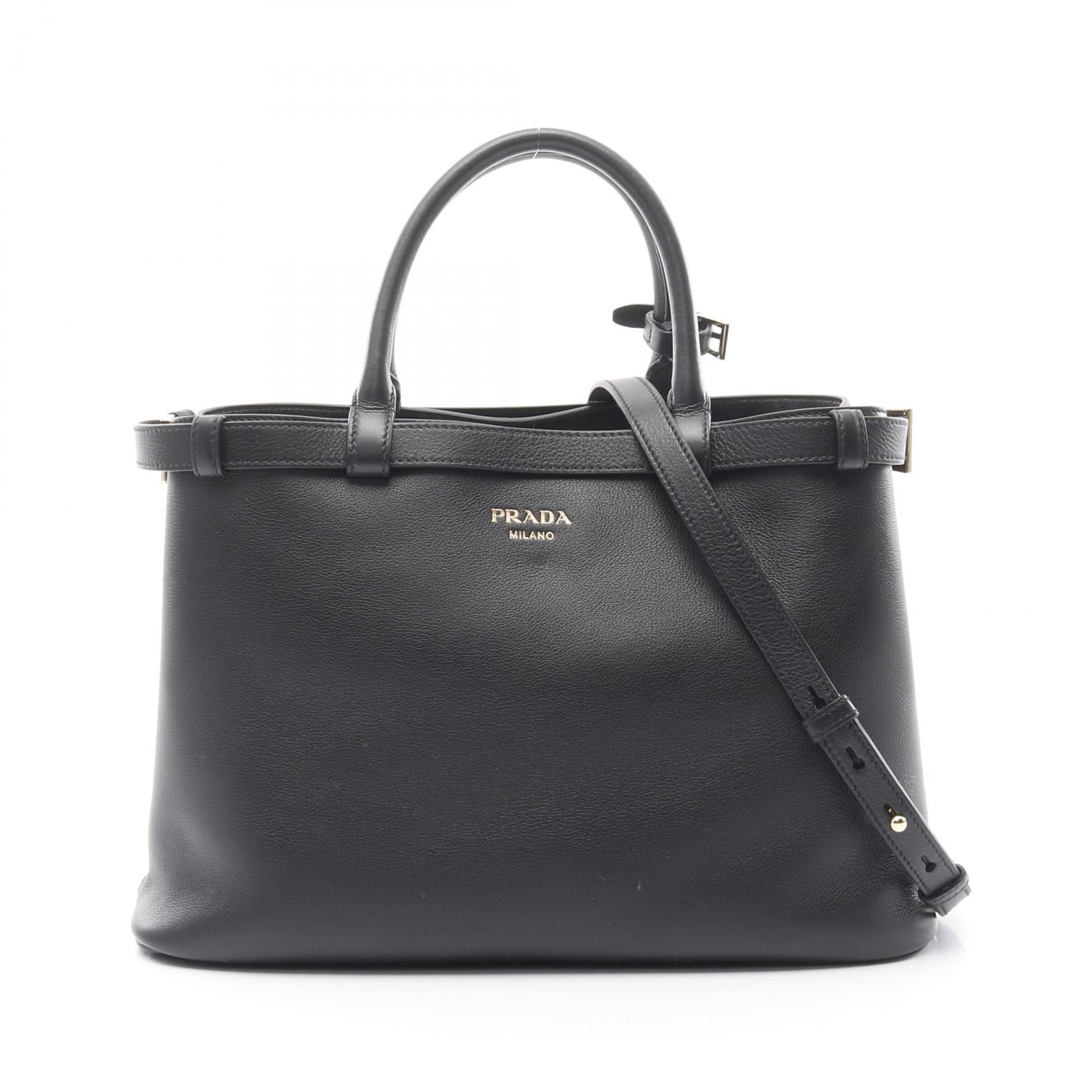 バックルダブルベルト ミディアム ハンドバッグ レザー ブラック プラダ バッグ PRADA
