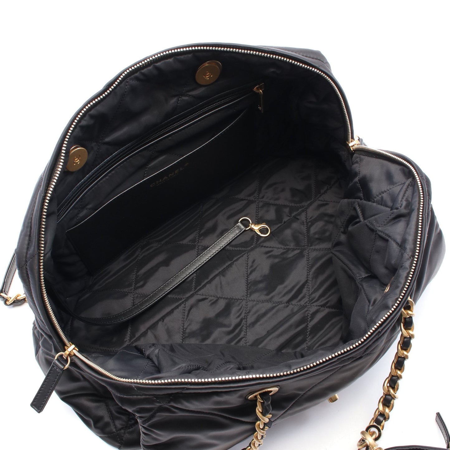 マトラッセ ラージボーリングバッグ チェーンショルダーバッグ ナイロン レザー ブラック ゴールド金具 シャネル バッグ CHANEL