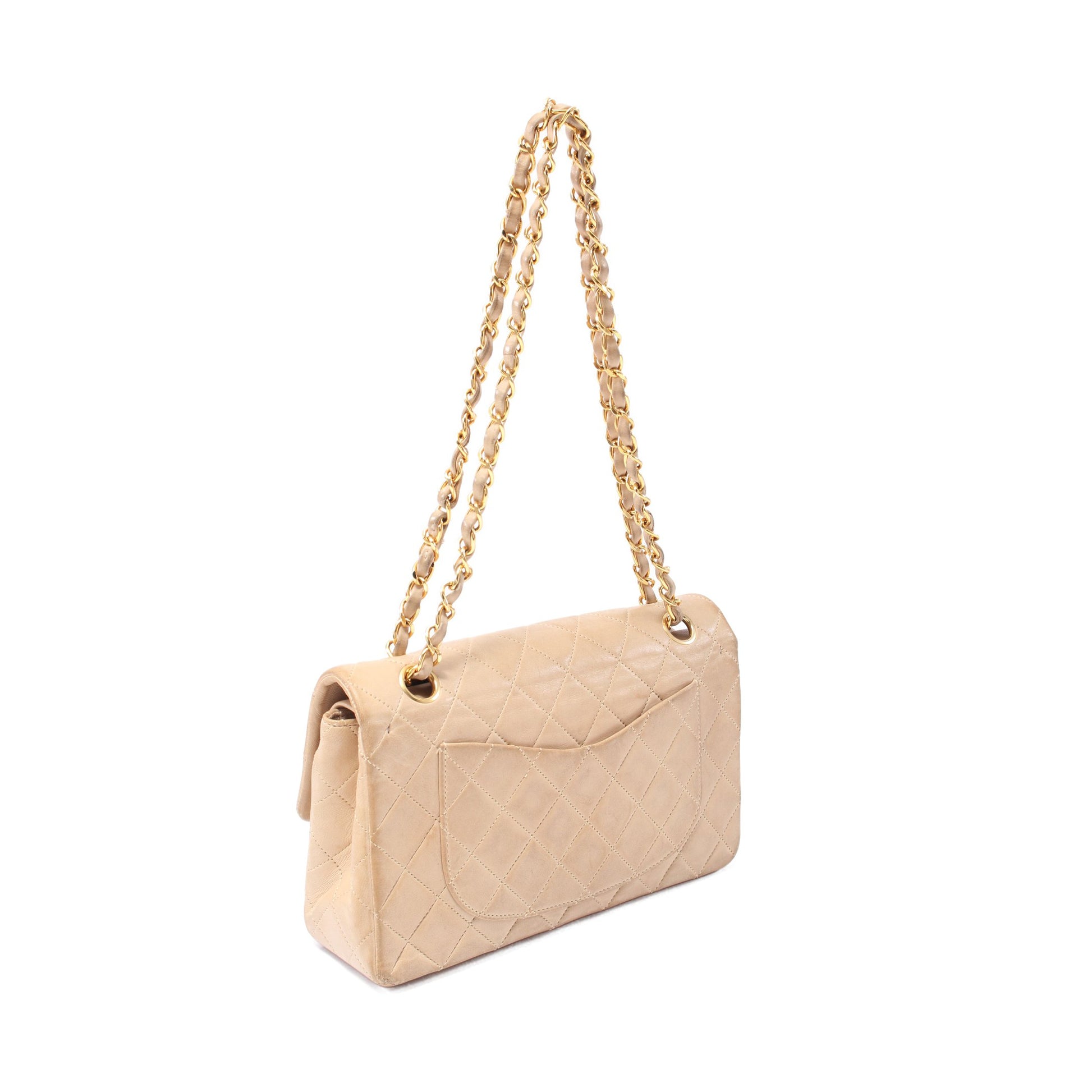 マトラッセ Wフラップ Wチェーンショルダーバッグ ラムスキン ベージュ ゴールド金具 ヴィンテージ シャネル バッグ CHANEL
