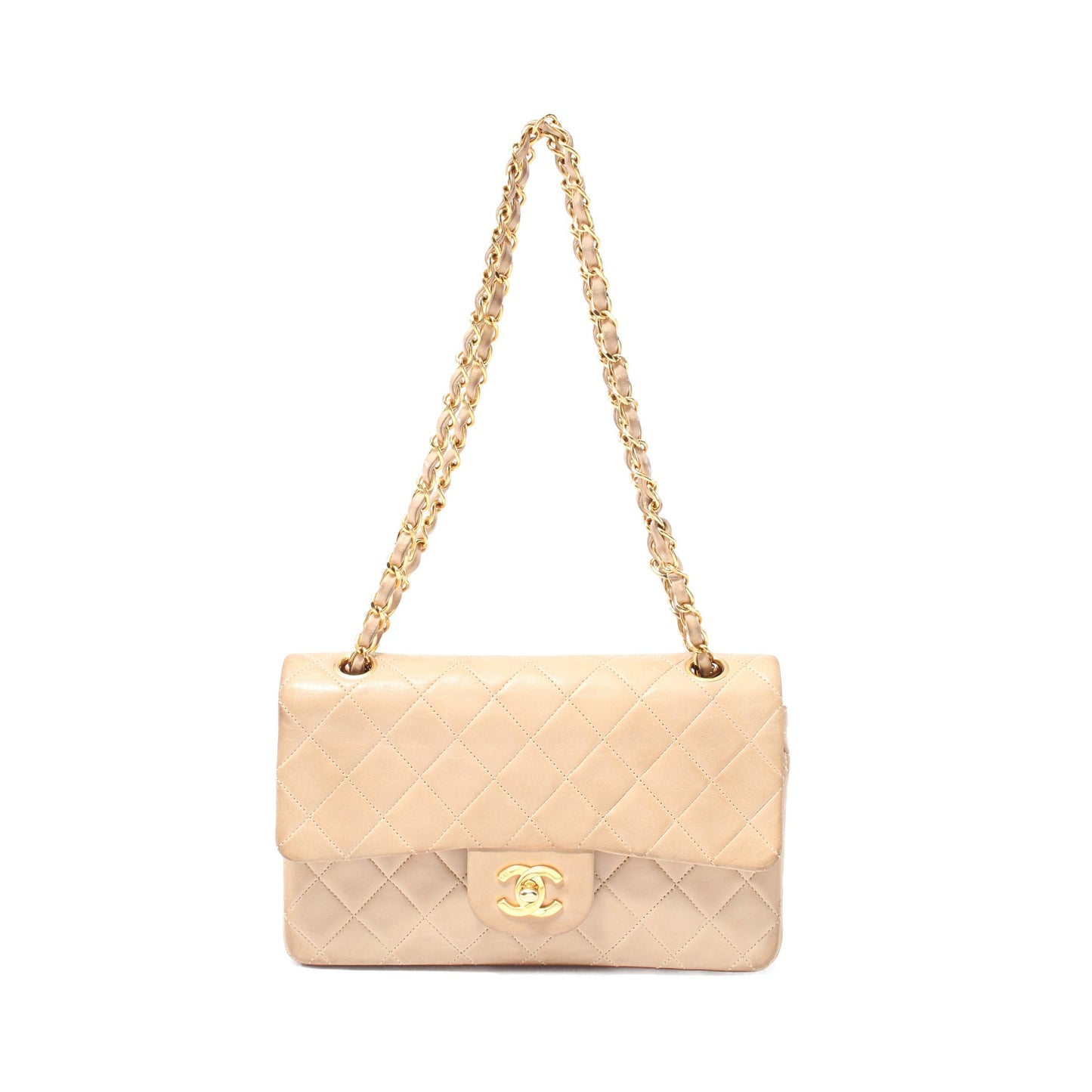 マトラッセ Wフラップ Wチェーンショルダーバッグ ラムスキン ベージュ ゴールド金具 ヴィンテージ シャネル バッグ CHANEL