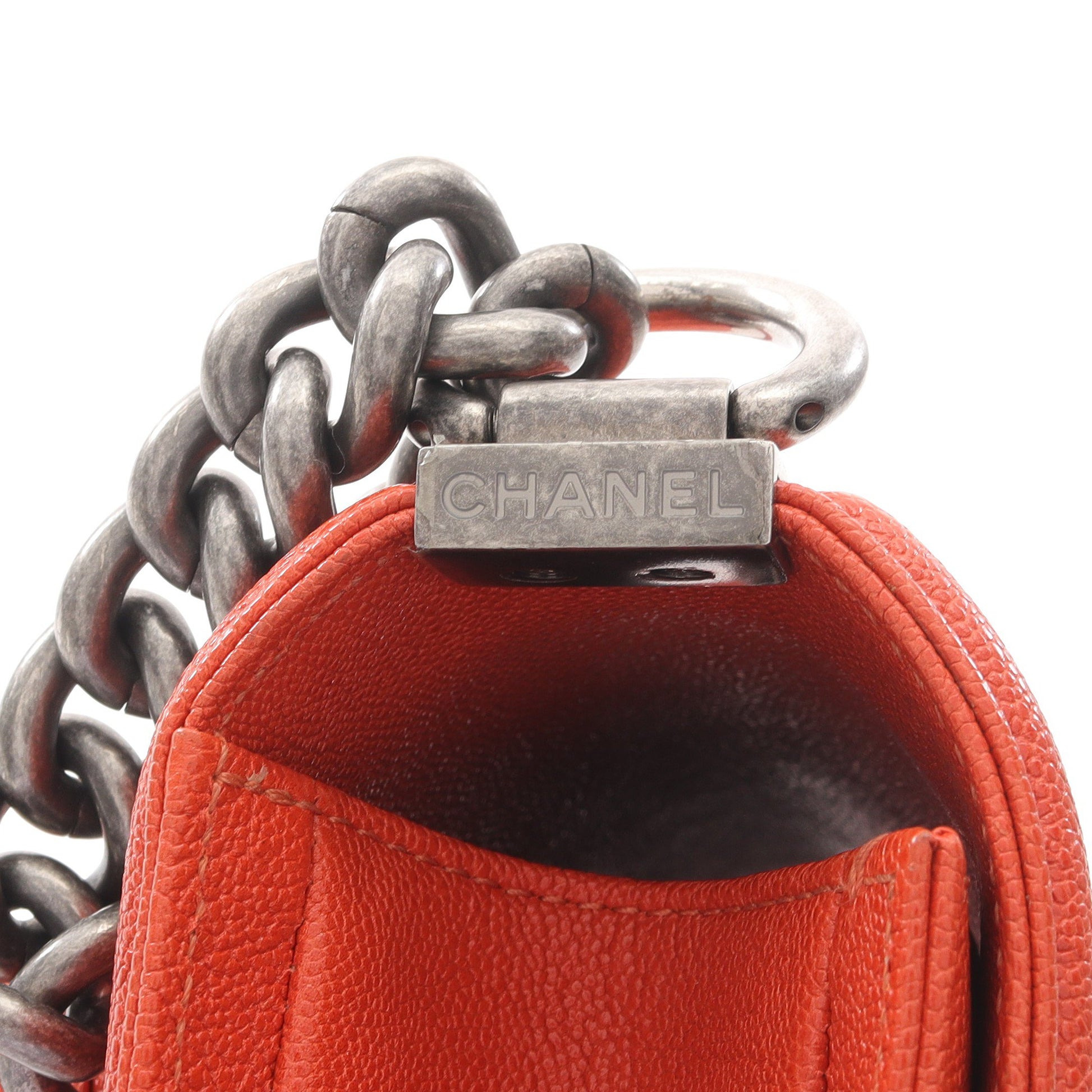 ボーイシャネル スモール チェーンショルダーバッグ キャビアスキン オレンジ アンティークシルバー金具 シャネル バッグ CHANEL
