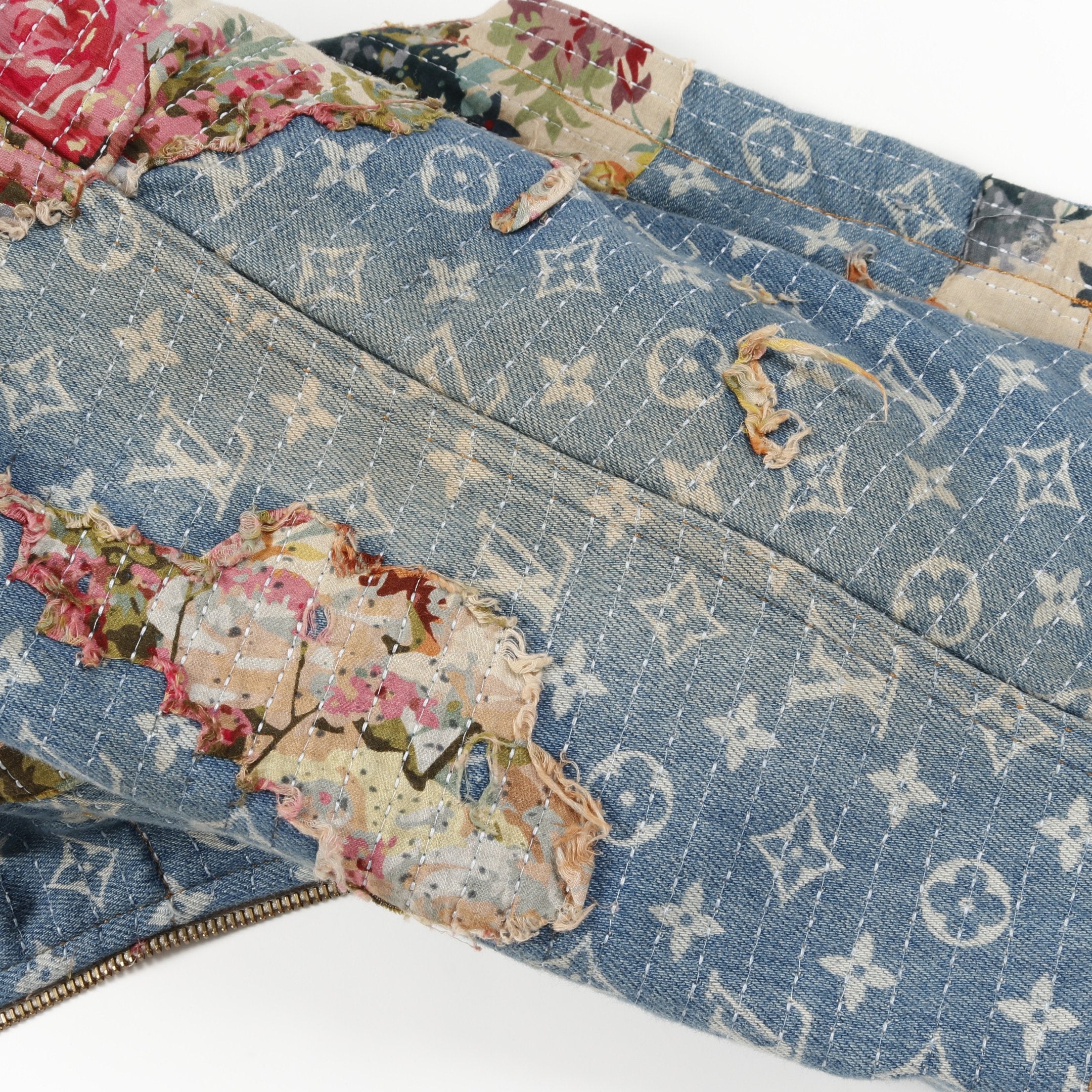 【正規品／美品】ルイヴィトン フラワー柄ジャケット フラワー モノグラム プリント ノーカラー デニムジャケット