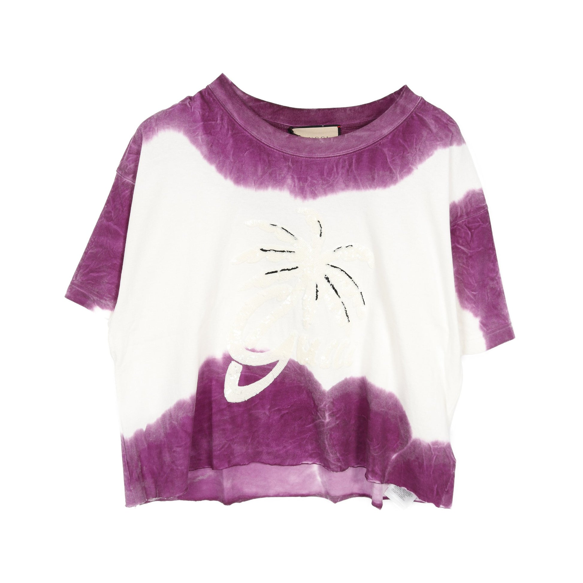スパンコールロゴ Tシャツ コットン ホワイト パープル カットオフ グッチ トップス GUCCI