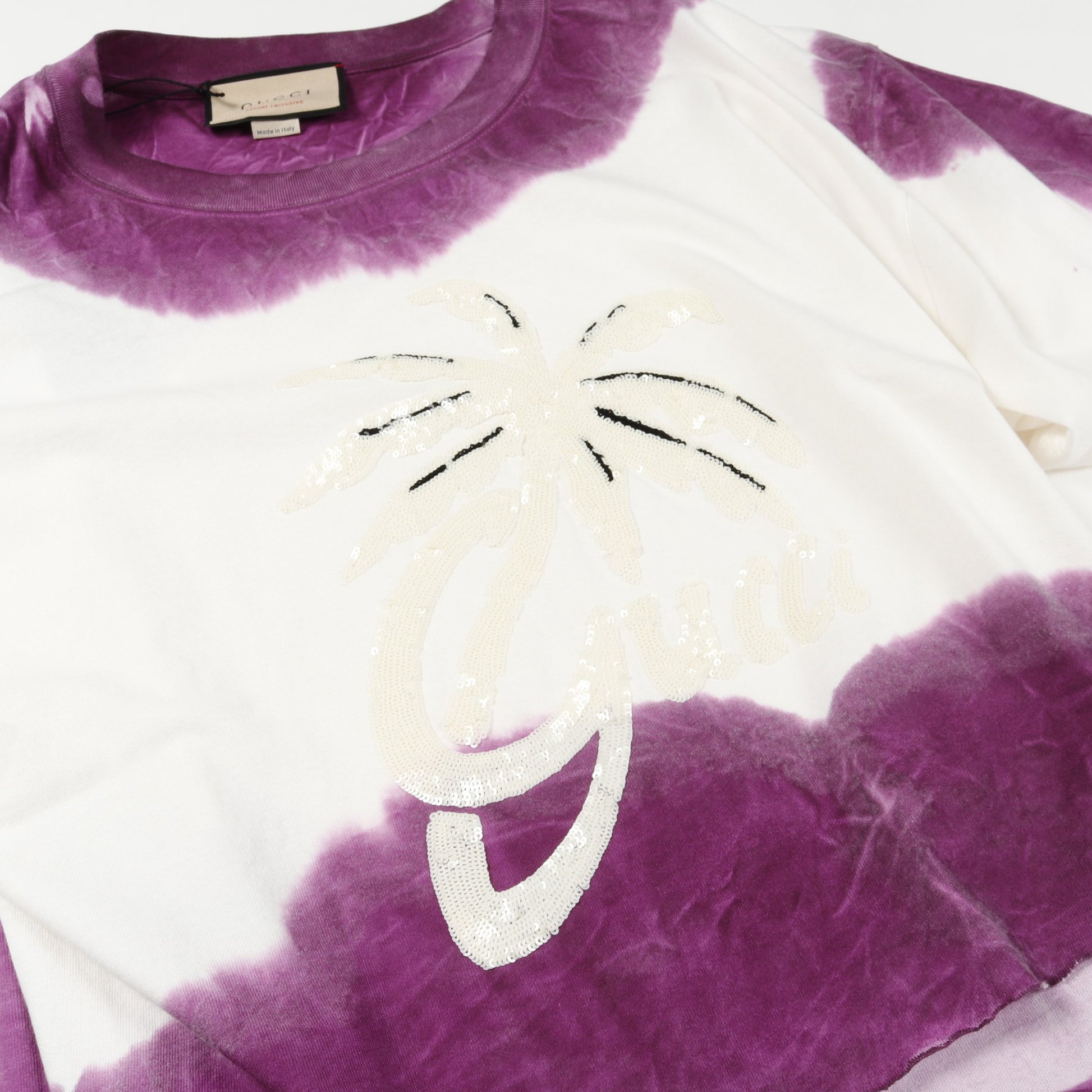 スパンコールロゴ Tシャツ コットン ホワイト パープル カットオフ グッチ トップス GUCCI