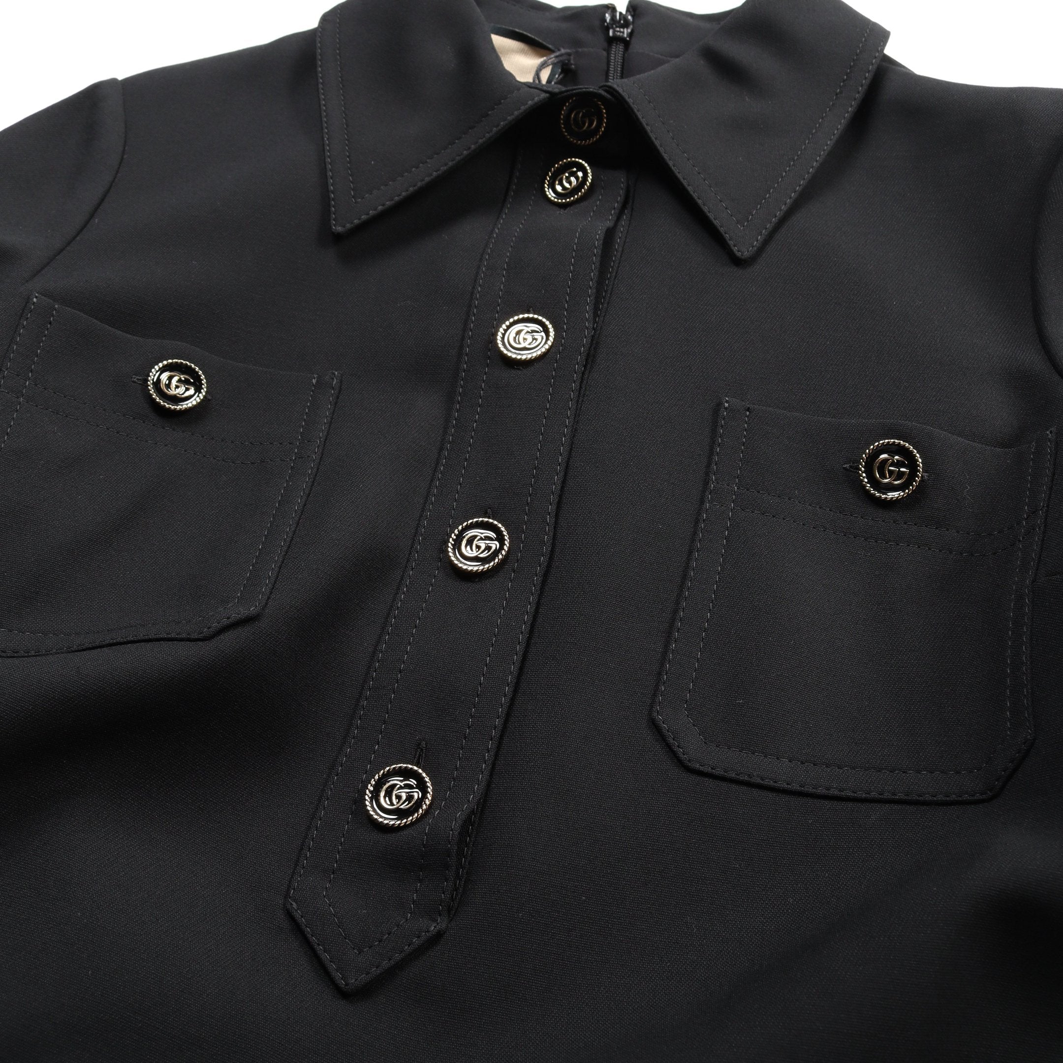 タグ付【グッチ】ウールブローチ付きデコルテドレスワンピース☆半袖☆ブラック☆S タグ付【グッチ】ウールブローチ付きデコルテドレスワンピース