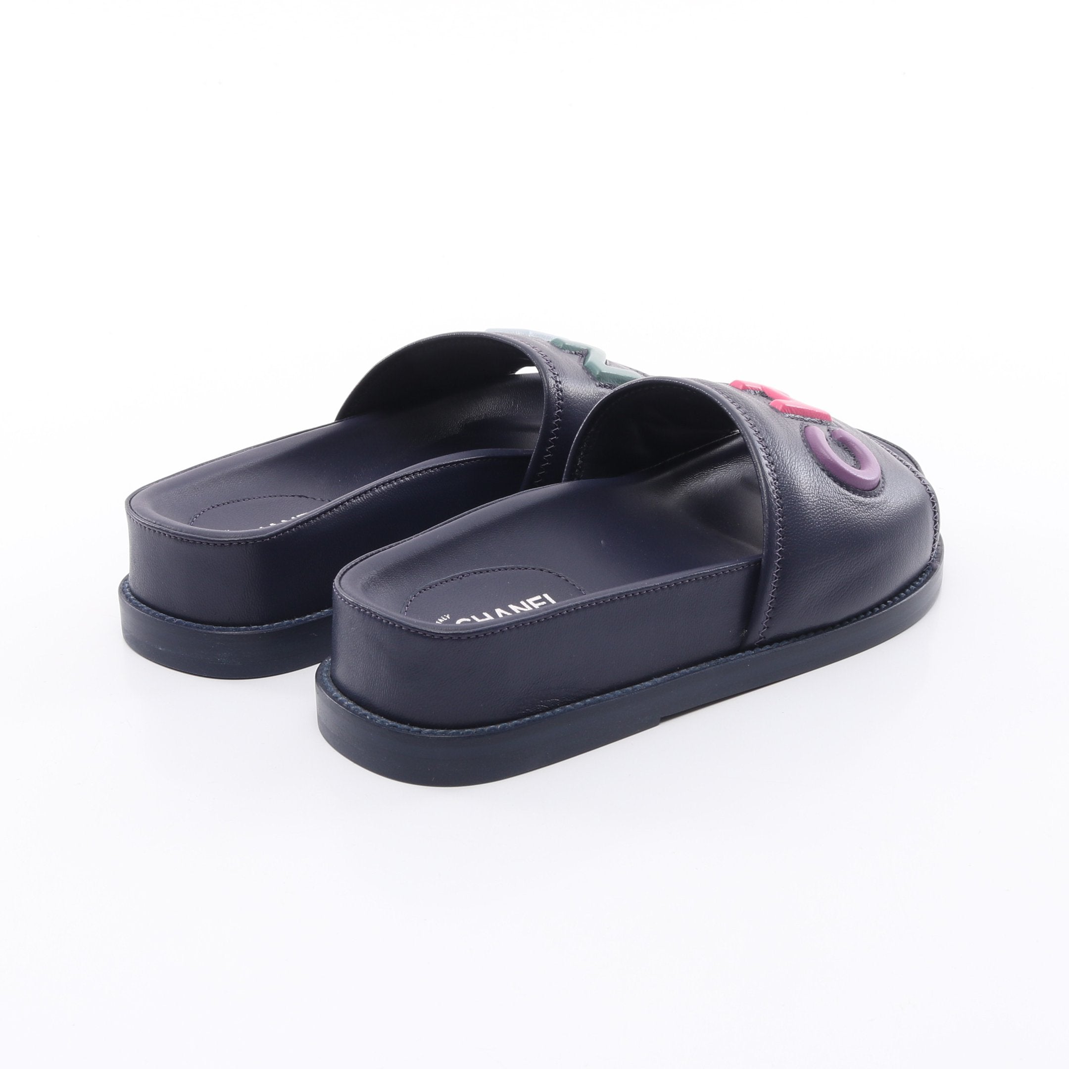 スライドサンダル ロゴ レザー ダークネイビー マルチカラー シャネル
