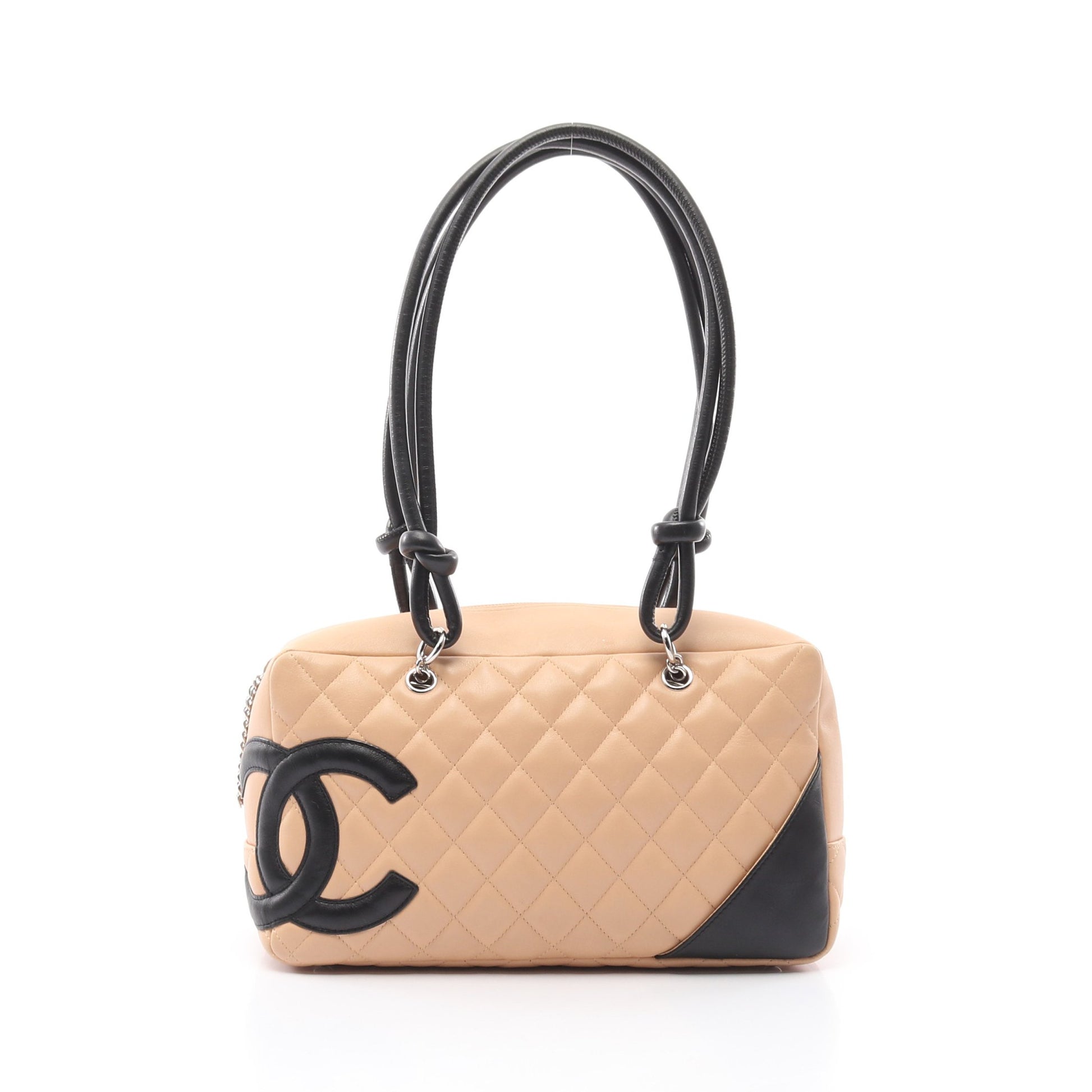 カンボンライン ボーリングバッグ ショルダーバッグ レザー ベージュ ブラック シルバー金具 シャネル バッグ CHANEL