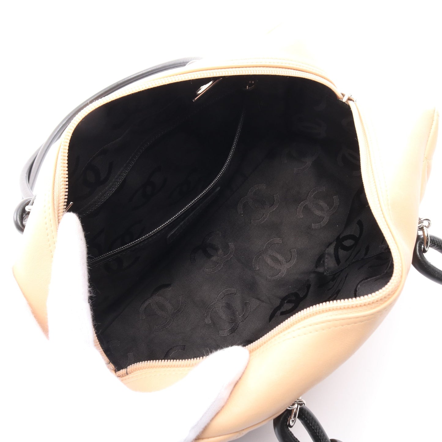 カンボンライン ボーリングバッグ ショルダーバッグ レザー ベージュ ブラック シルバー金具 シャネル バッグ CHANEL