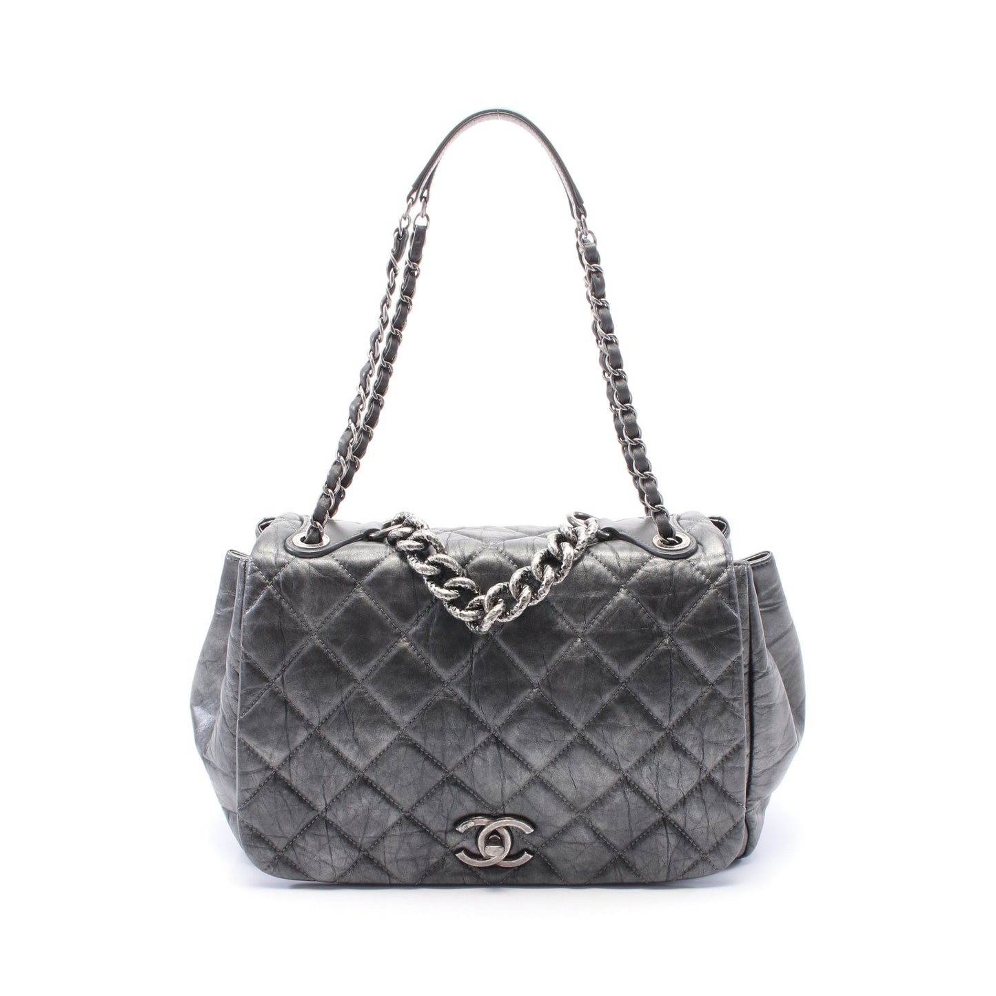 チェーンショルダーバッグ レザー ダークグレー アンティークシルバー金具 シャネル バッグ CHANEL