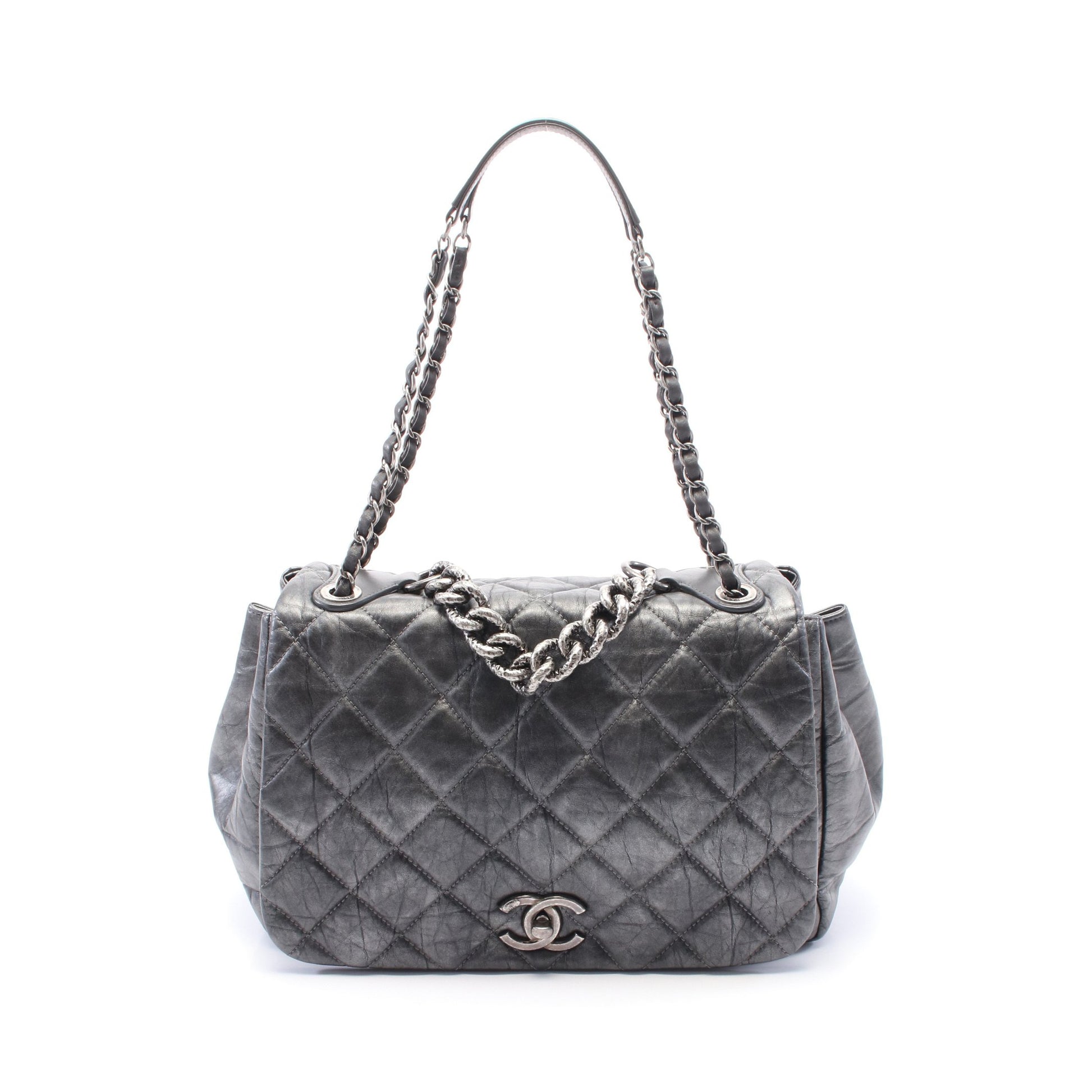 チェーンショルダーバッグ レザー ダークグレー アンティークシルバー金具 シャネル バッグ CHANEL
