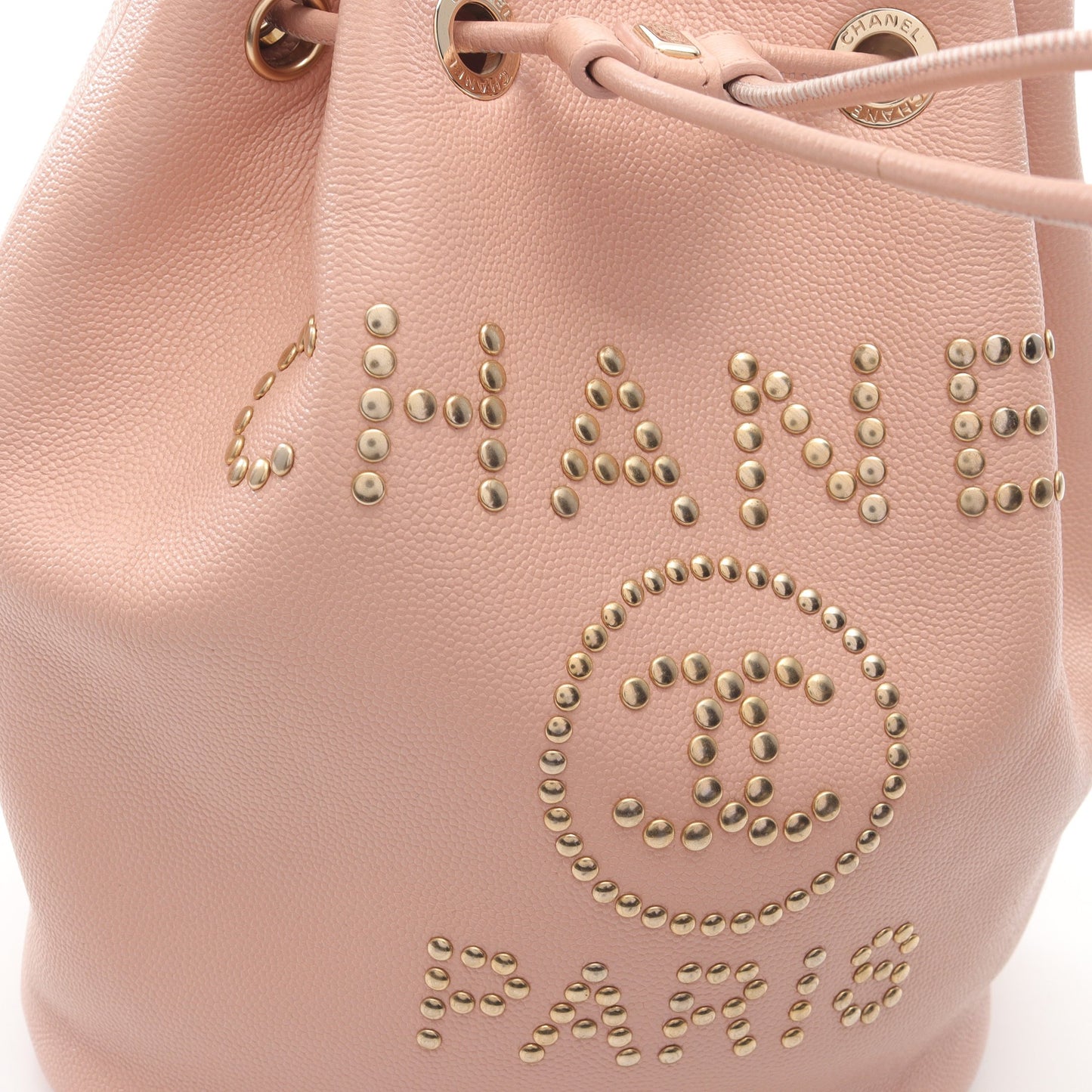 ドーヴィル スタッズロゴ 巾着 チェーンショルダーバッグ キャビアスキン ピンク ゴールド金具 シャネル バッグ CHANEL