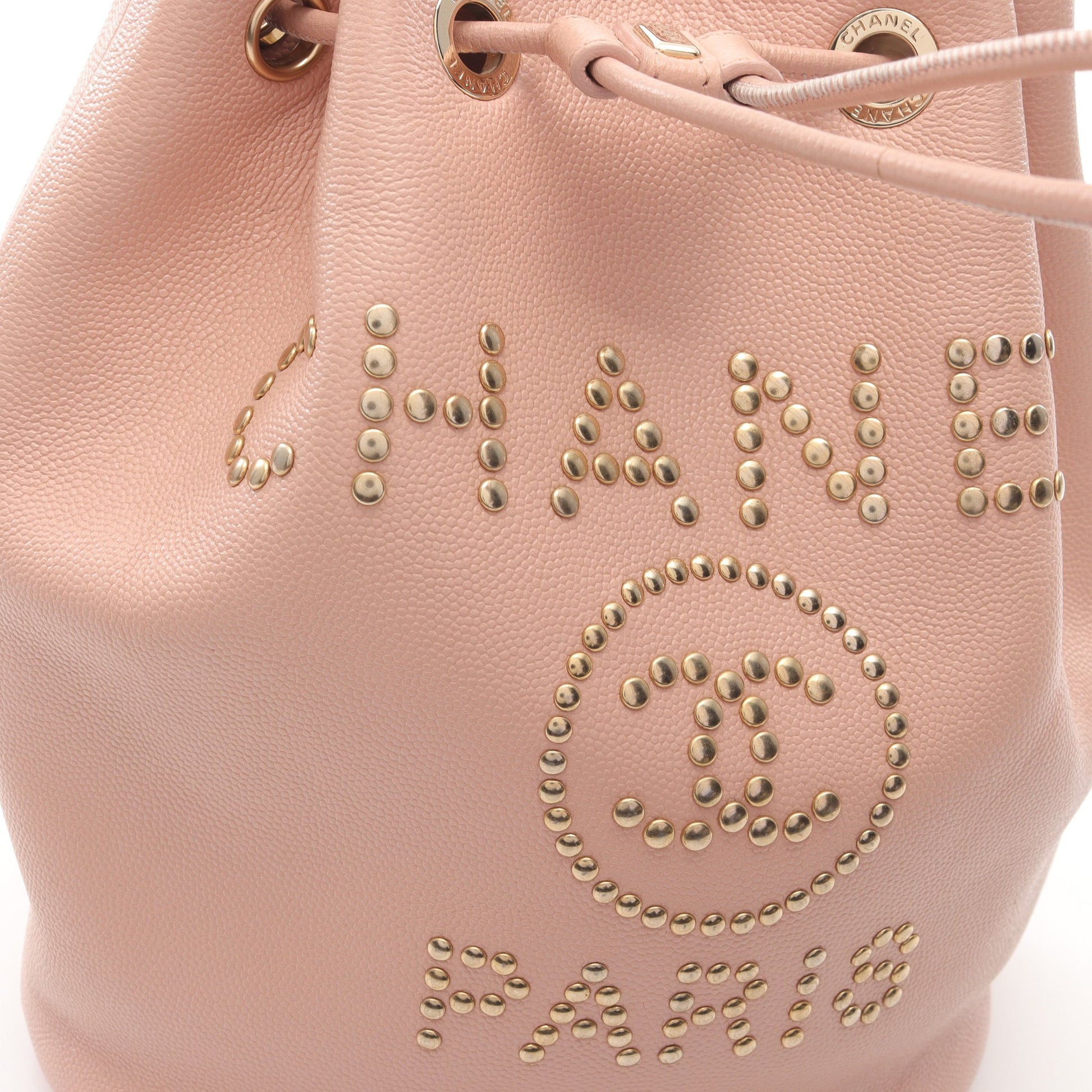 ドーヴィル スタッズロゴ 巾着 チェーンショルダーバッグ キャビアスキン ピンク ゴールド金具 シャネル バッグ CHANEL