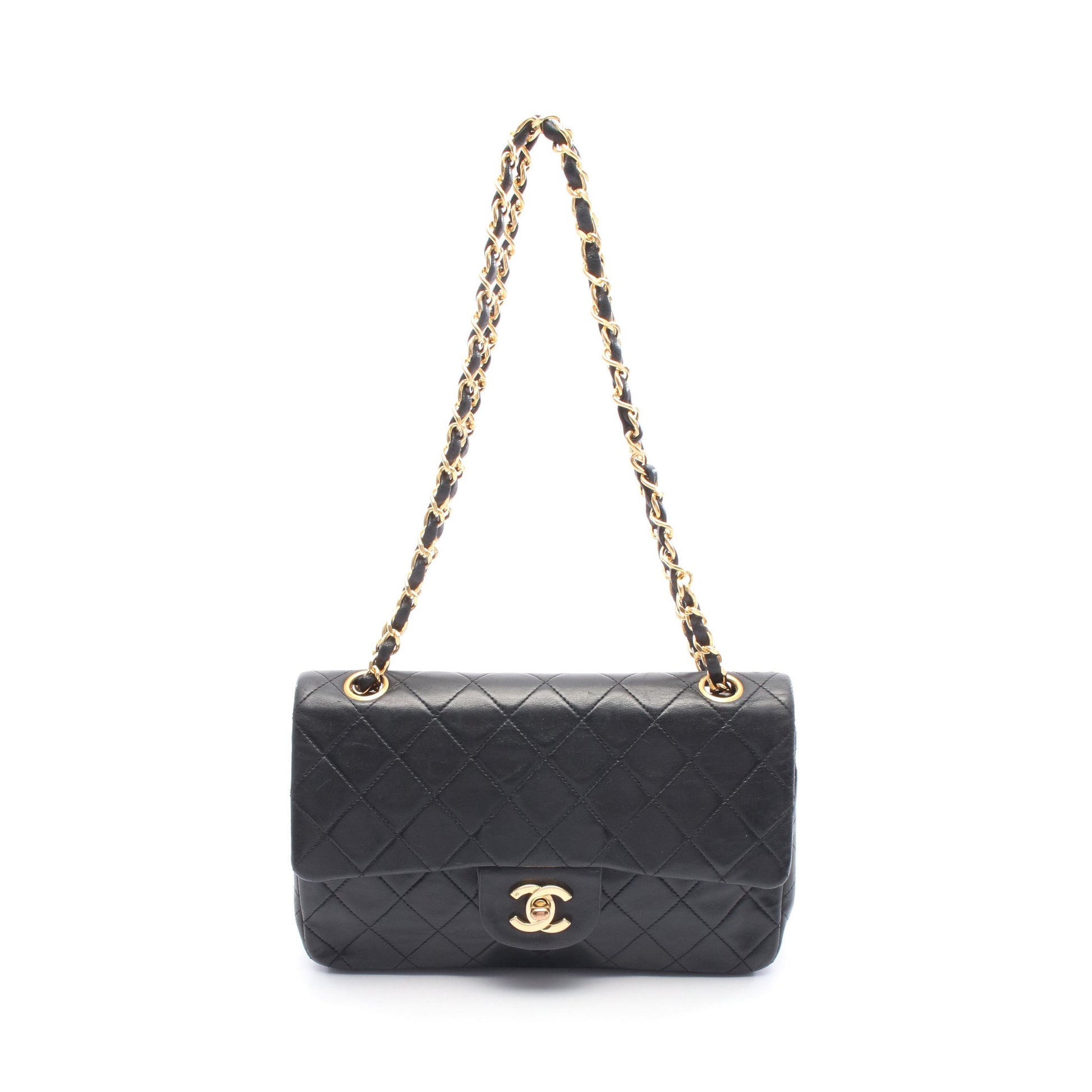 マトラッセ Wフラップ Wチェーンショルダーバッグ ラムスキン ブラック ゴールド金具 ヴィンテージ シャネル バッグ CHANEL