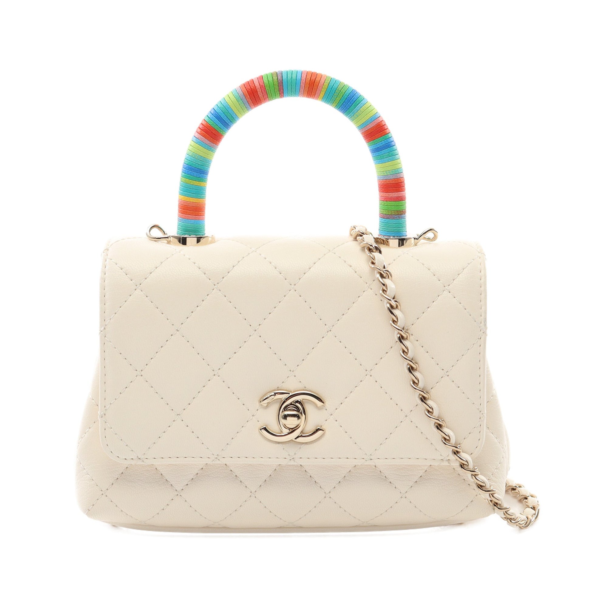 ココハンドルXXS トップハンドル ハンドバッグ レザー ホワイト マルチカラー ゴールド金具 2WAY シャネル バッグ CHANEL