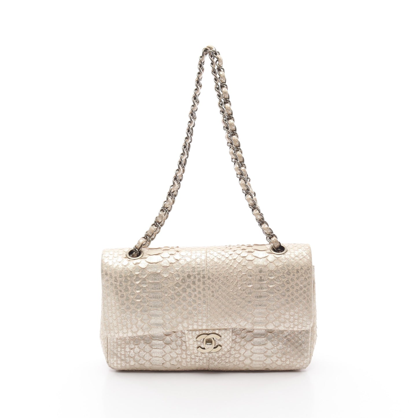 Wフラップ Wチェーンショルダーバッグ パイソン ベージュ ゴールド金具 シャネル バッグ CHANEL