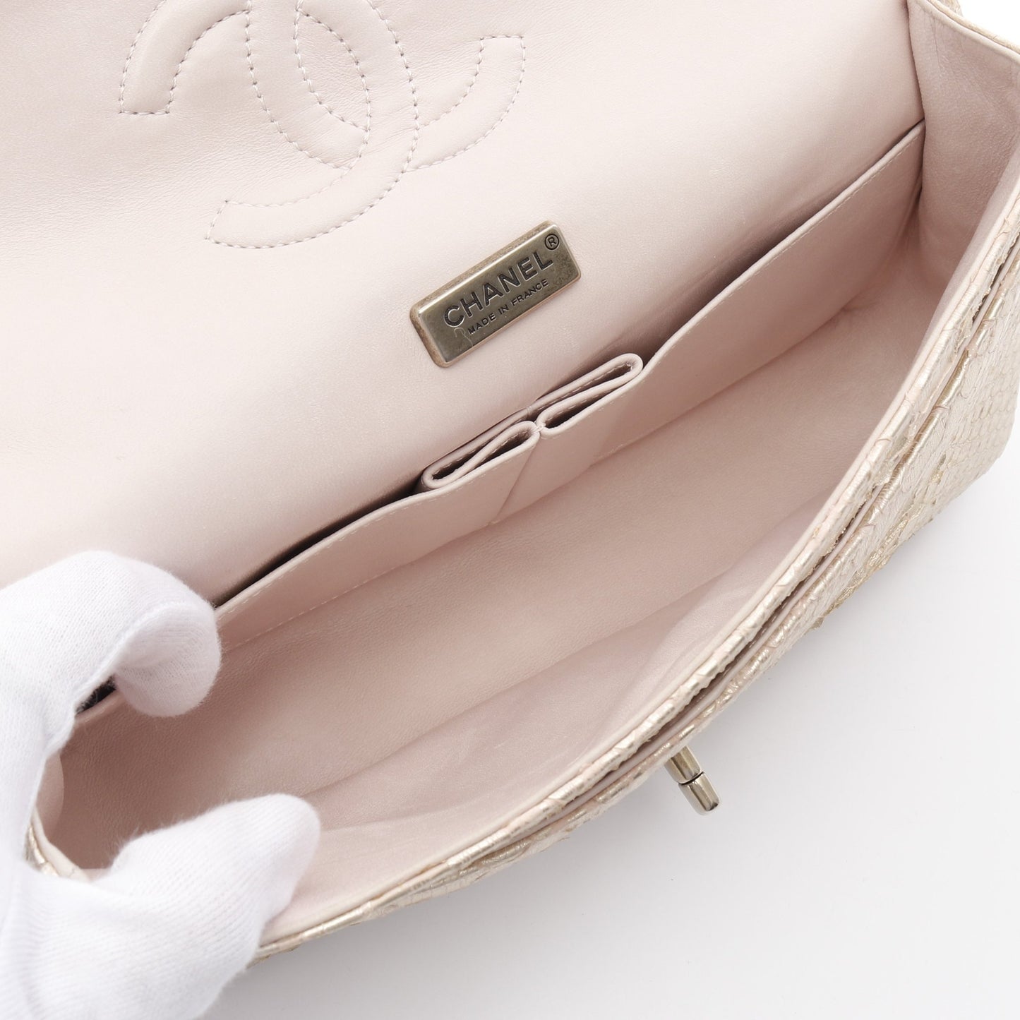Wフラップ Wチェーンショルダーバッグ パイソン ベージュ ゴールド金具 シャネル バッグ CHANEL