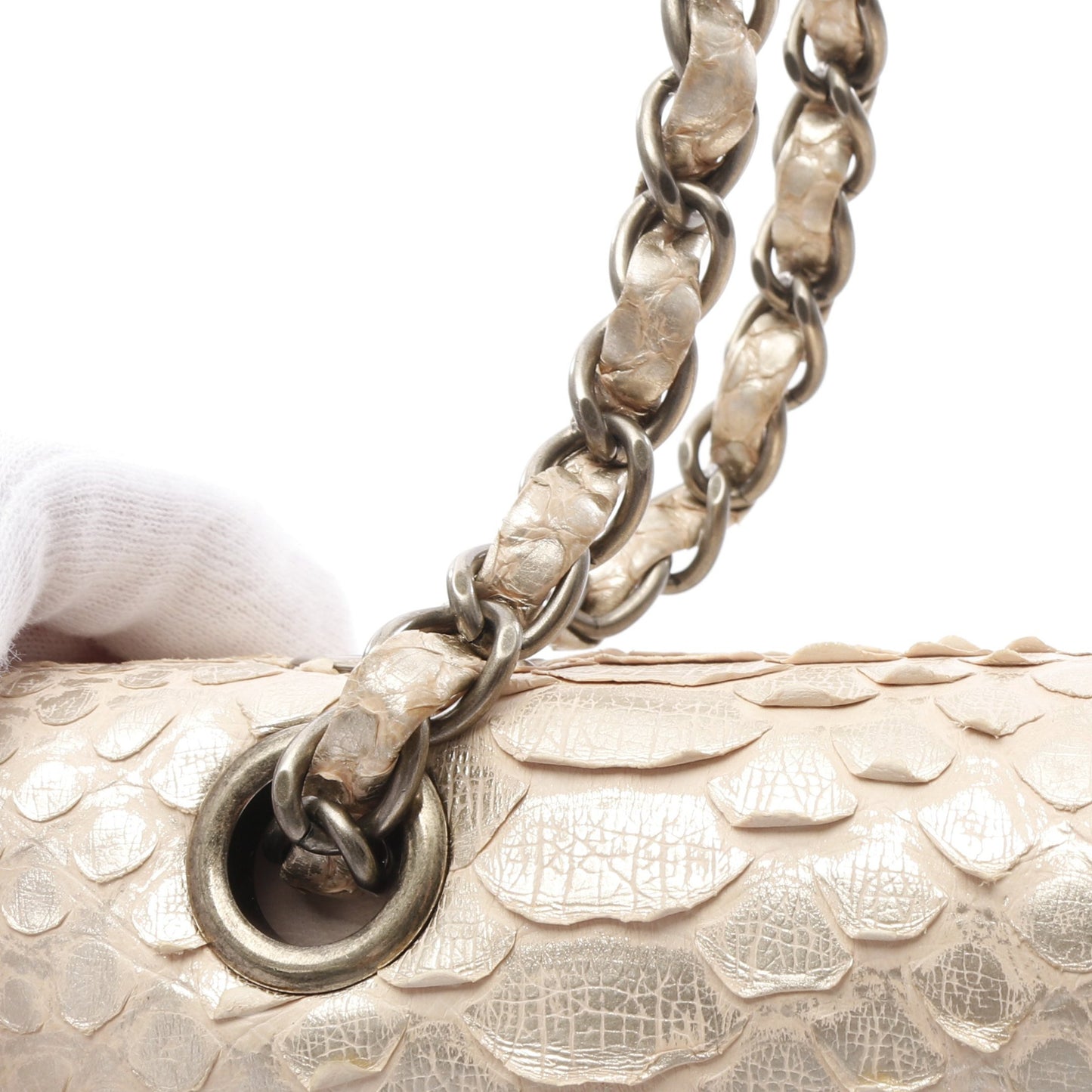 Wフラップ Wチェーンショルダーバッグ パイソン ベージュ ゴールド金具 シャネル バッグ CHANEL