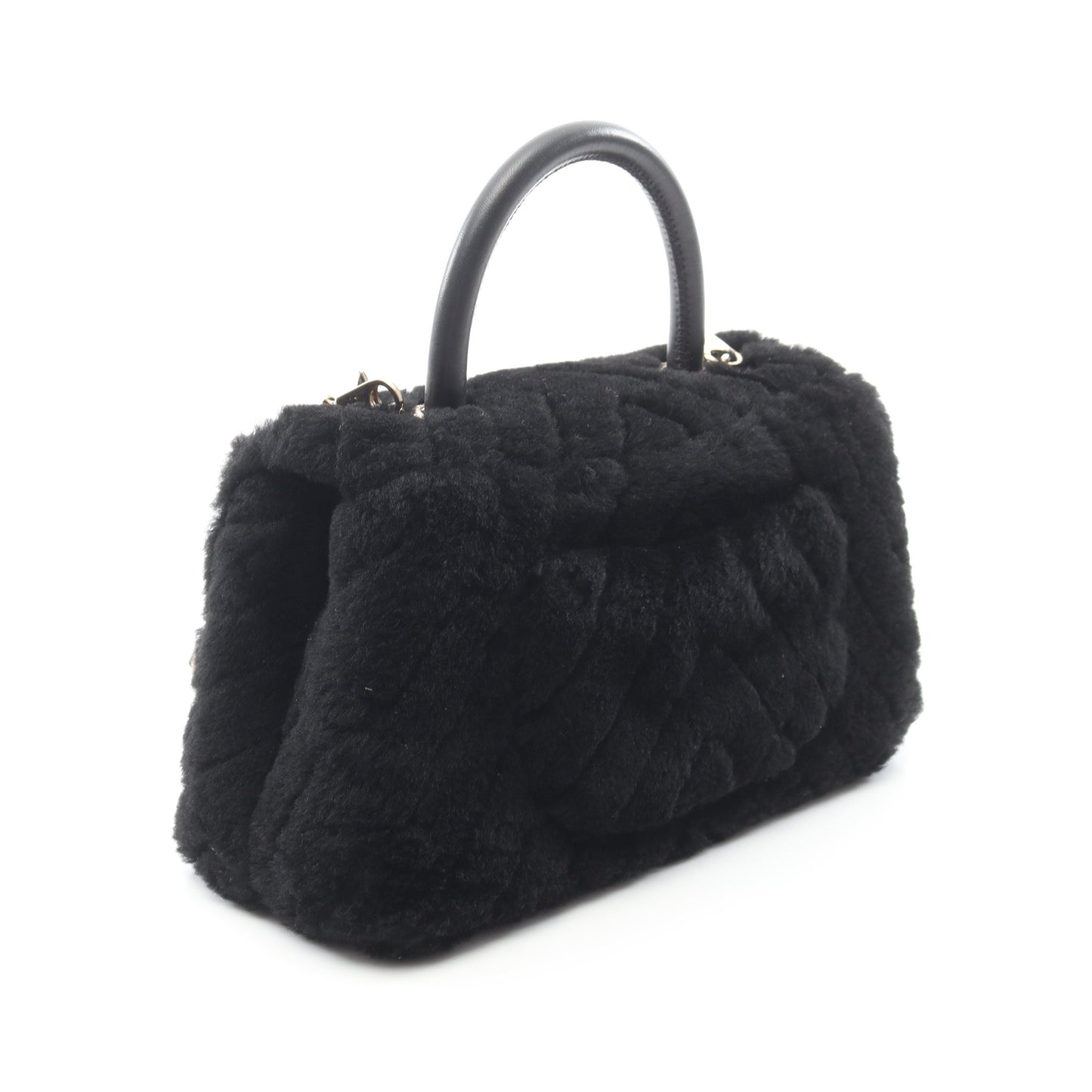 ココハンドル フラップ シェブロン Vステッチ ハンドバッグ ファー ブラック ゴールド金具 2WAY シャネル バッグ CHANEL