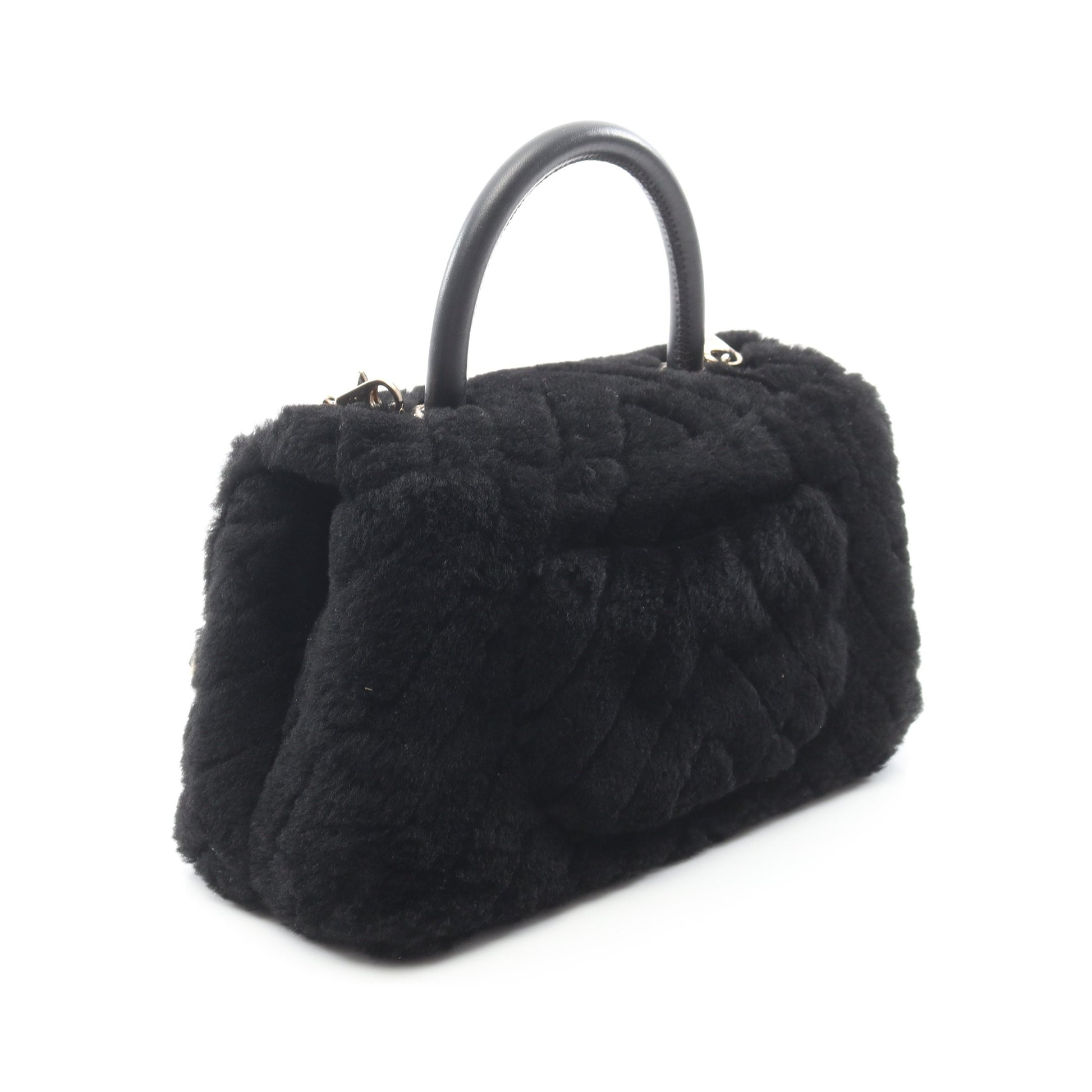 ココハンドル フラップ シェブロン Vステッチ ハンドバッグ ファー ブラック ゴールド金具 2WAY シャネル バッグ CHANEL